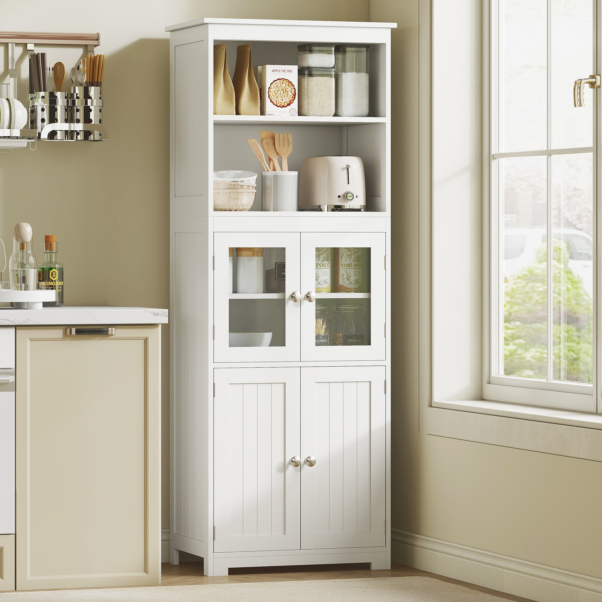 Armário de Cozinha 60x30x162 cm Branco com Prateleiras Ajustáveis e Portas de Vidro