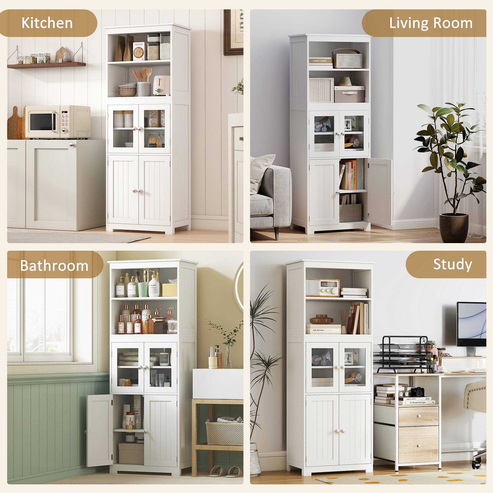 Armário de Cozinha 60x30x162 cm Branco com Prateleiras Ajustáveis e Portas de Vidro