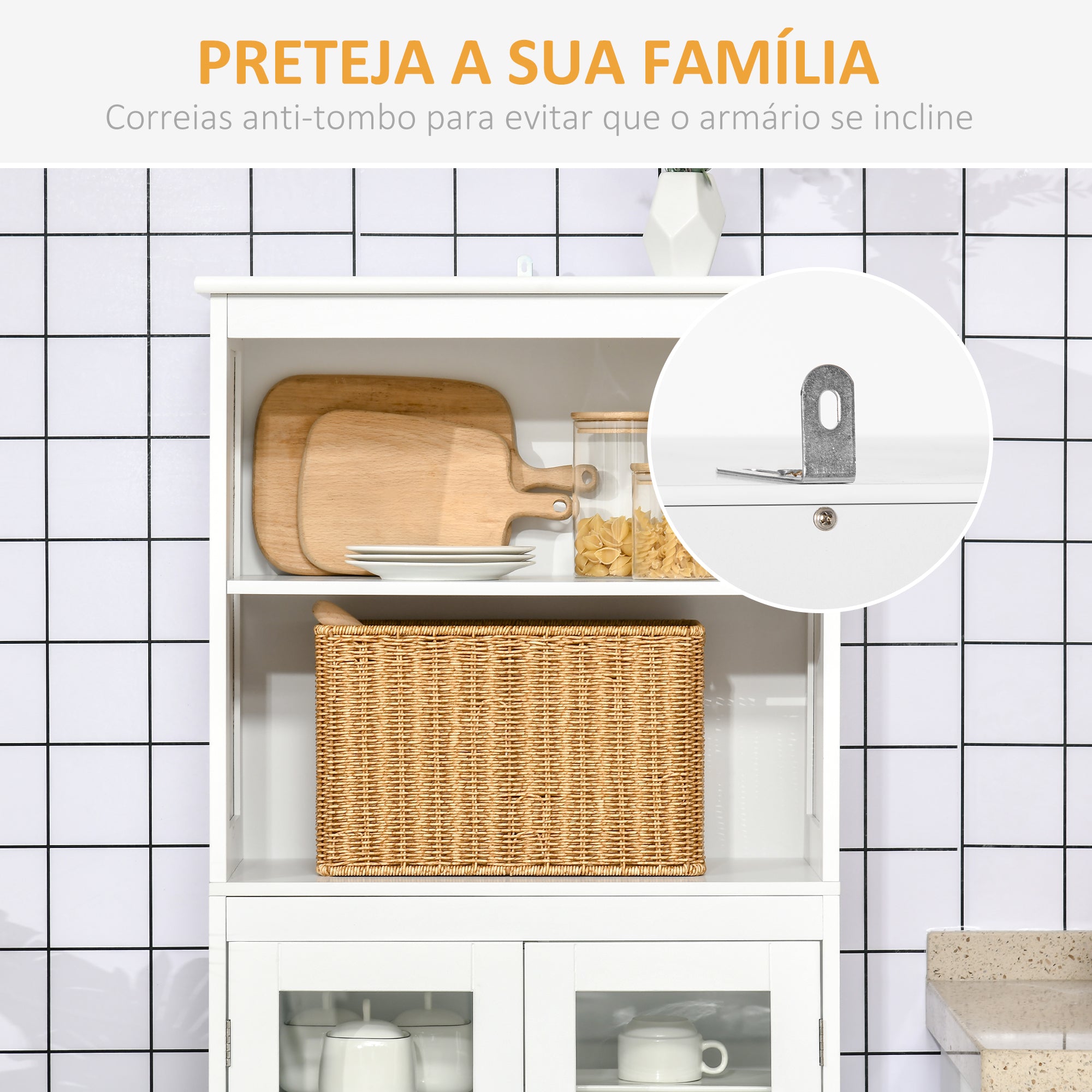 Armário de Cozinha 60x30x162 cm Branco com Prateleiras Ajustáveis e Portas de Vidro