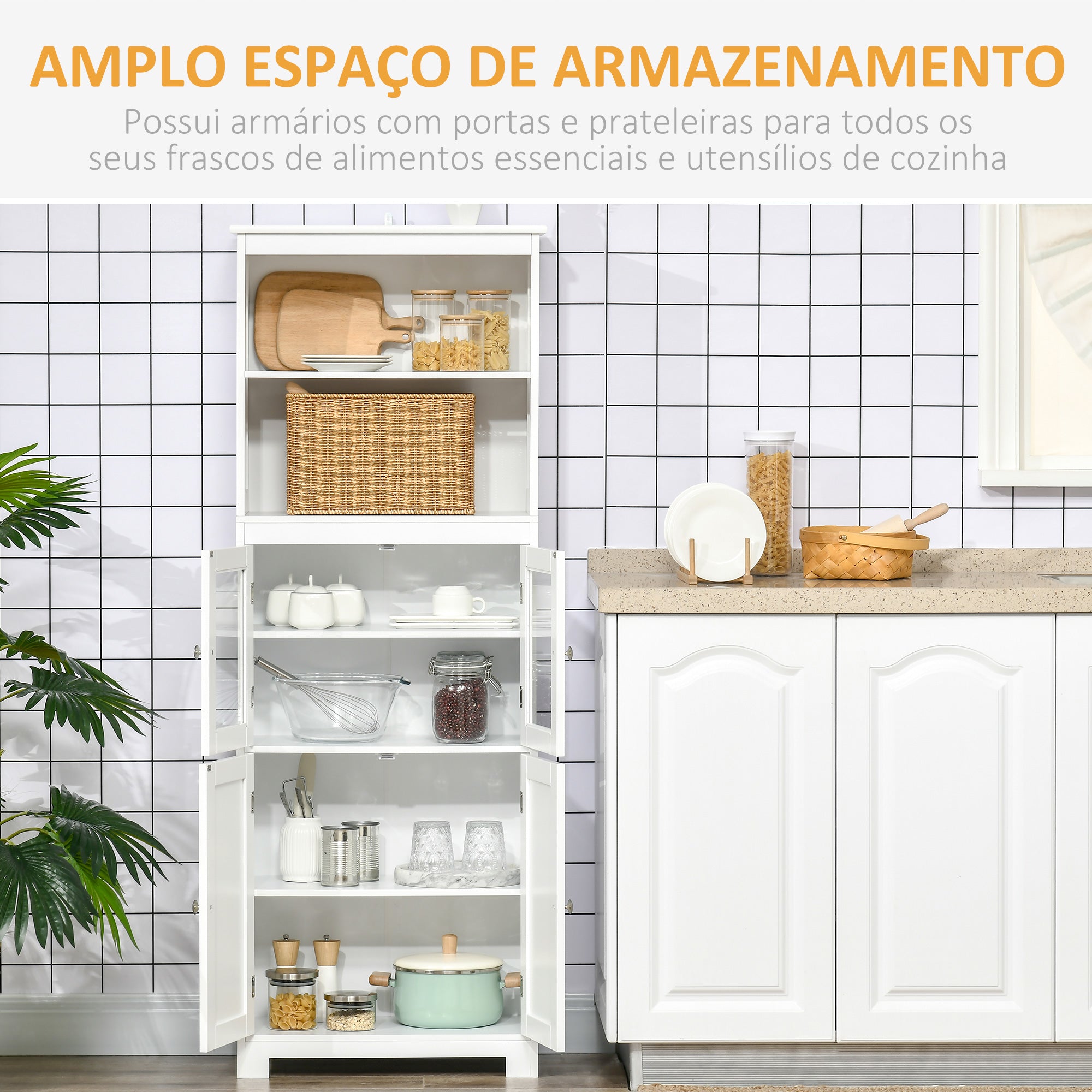 Armário de Cozinha 60x30x162 cm Branco com Prateleiras Ajustáveis e Portas de Vidro