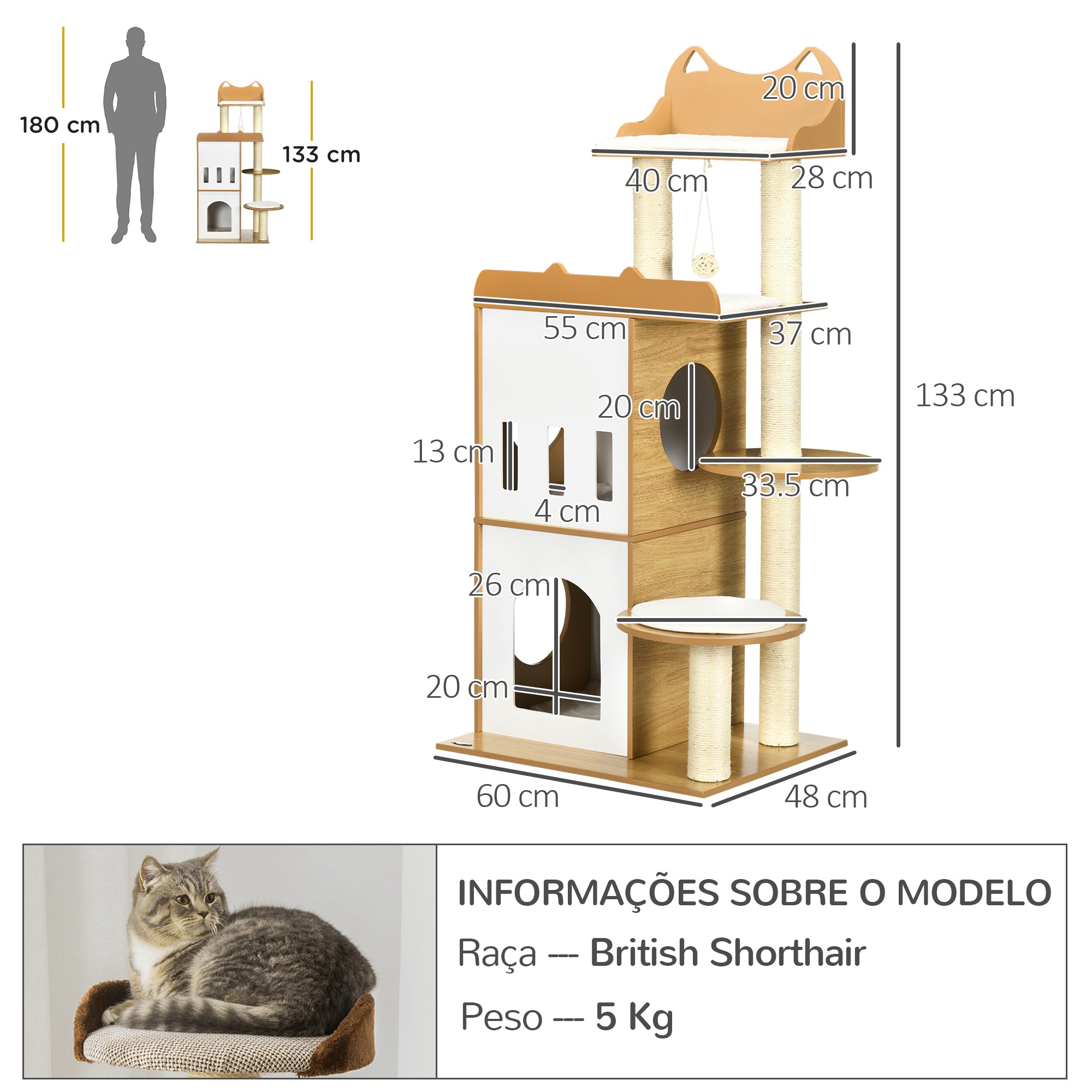 Arranhador para Gatos 133 cm Carvalho e Branco