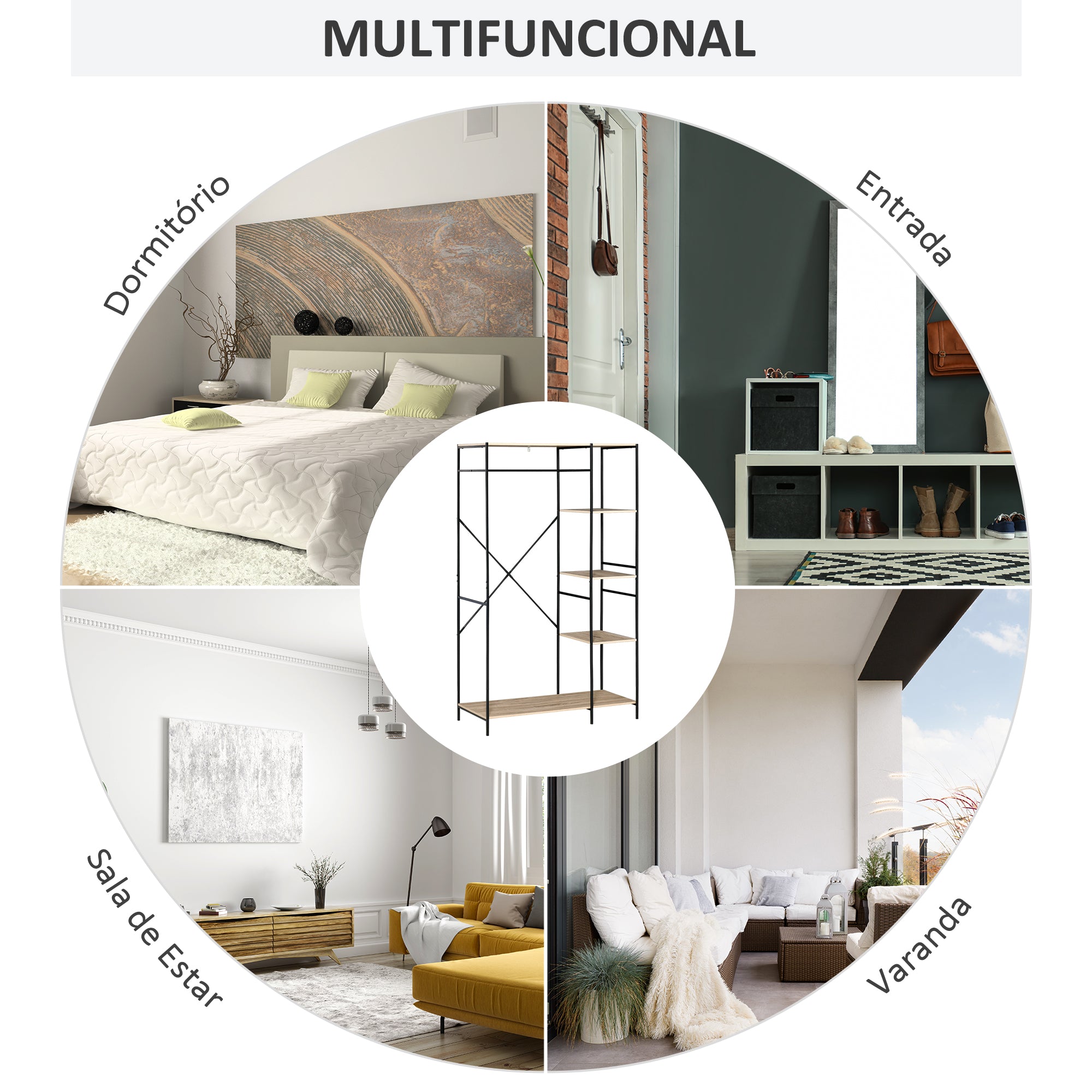 Suporte para Cabides de Madeira com 4 Prateleiras - 100x46x170.5 cm - Madeira Natural e Preto