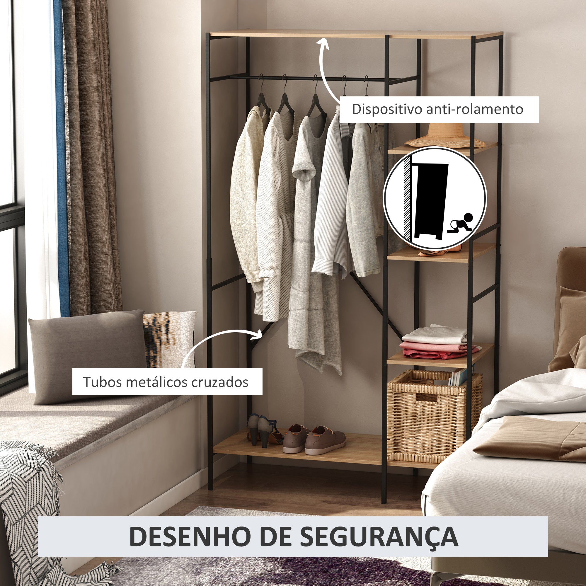 Suporte para Cabides de Madeira com 4 Prateleiras - 100x46x170.5 cm - Madeira Natural e Preto