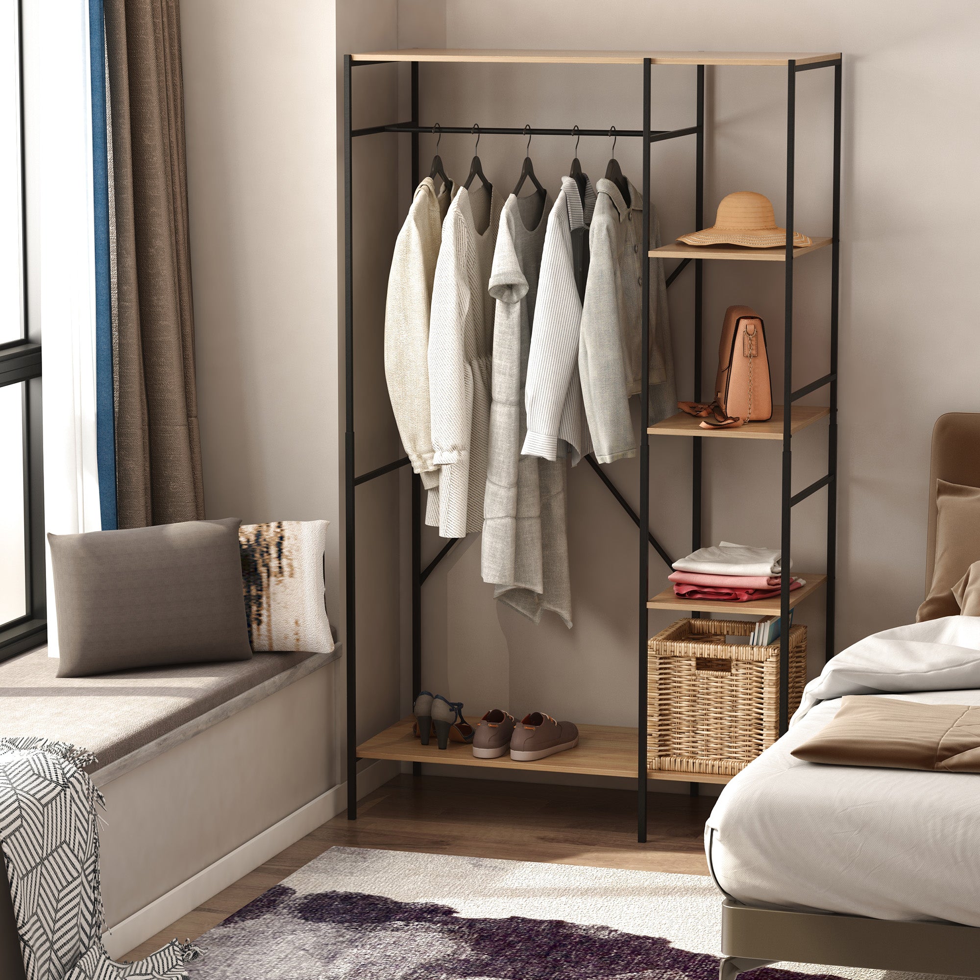 Suporte para Cabides de Madeira com 4 Prateleiras - 100x46x170.5 cm - Madeira Natural e Preto