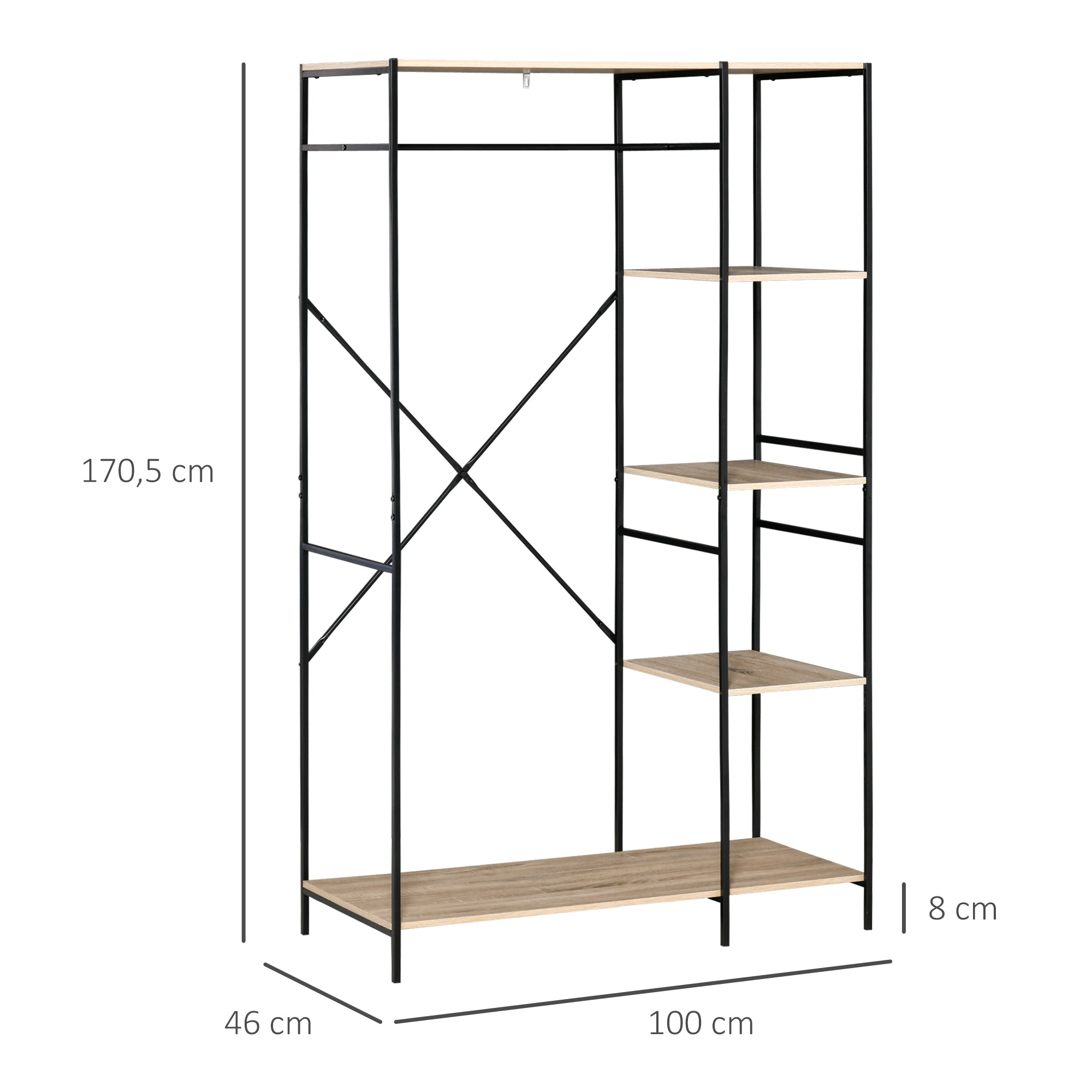 Suporte para Cabides de Madeira com 4 Prateleiras - 100x46x170.5 cm - Madeira Natural e Preto