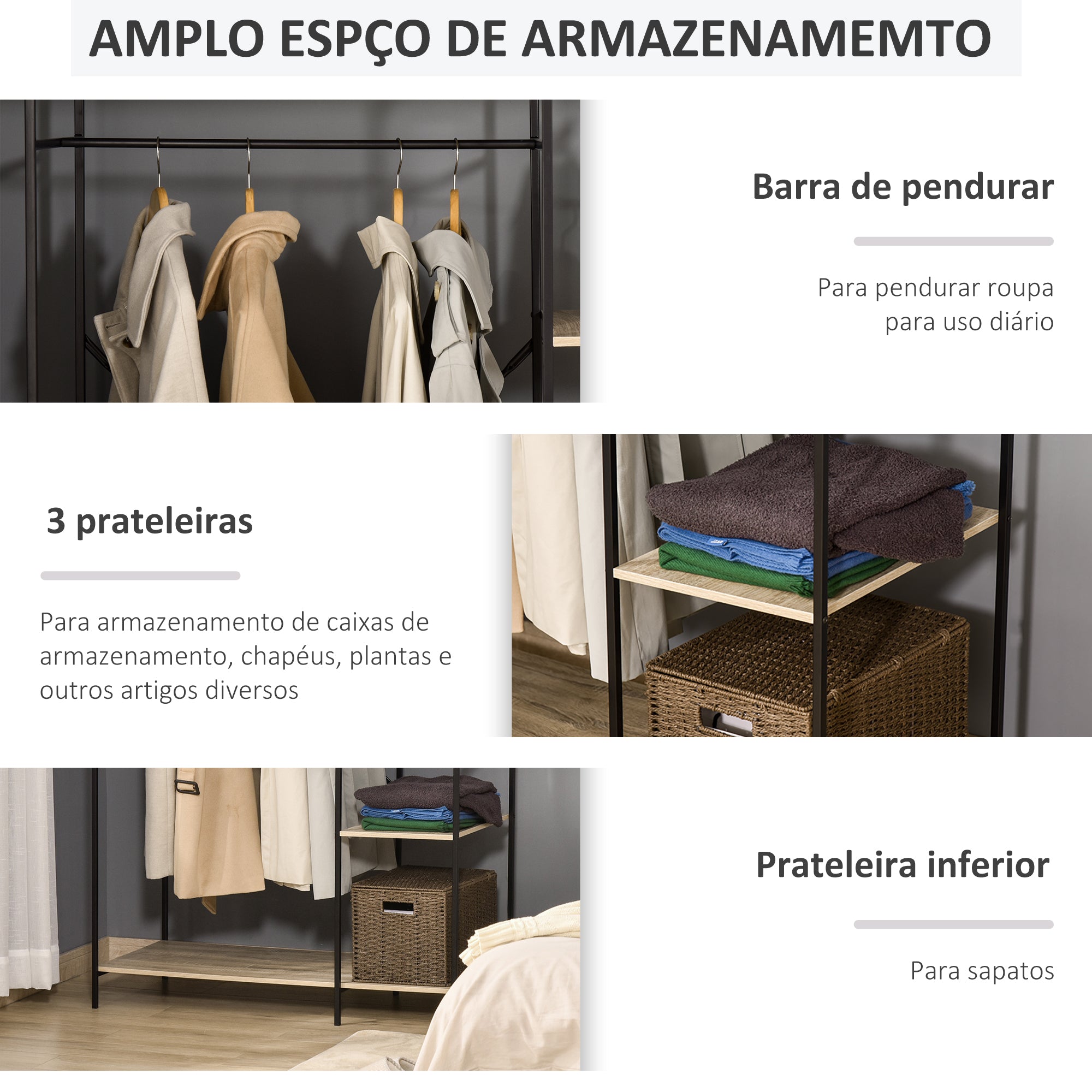 Suporte para Cabides de Madeira com 4 Prateleiras - 100x46x170.5 cm - Madeira Natural e Preto