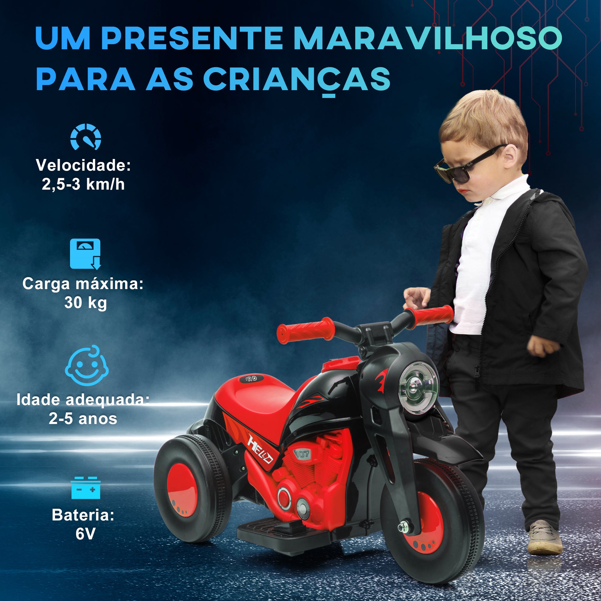 Mota Elétrica para Crianças Vermelha e Preta 80x36x43,5 cm