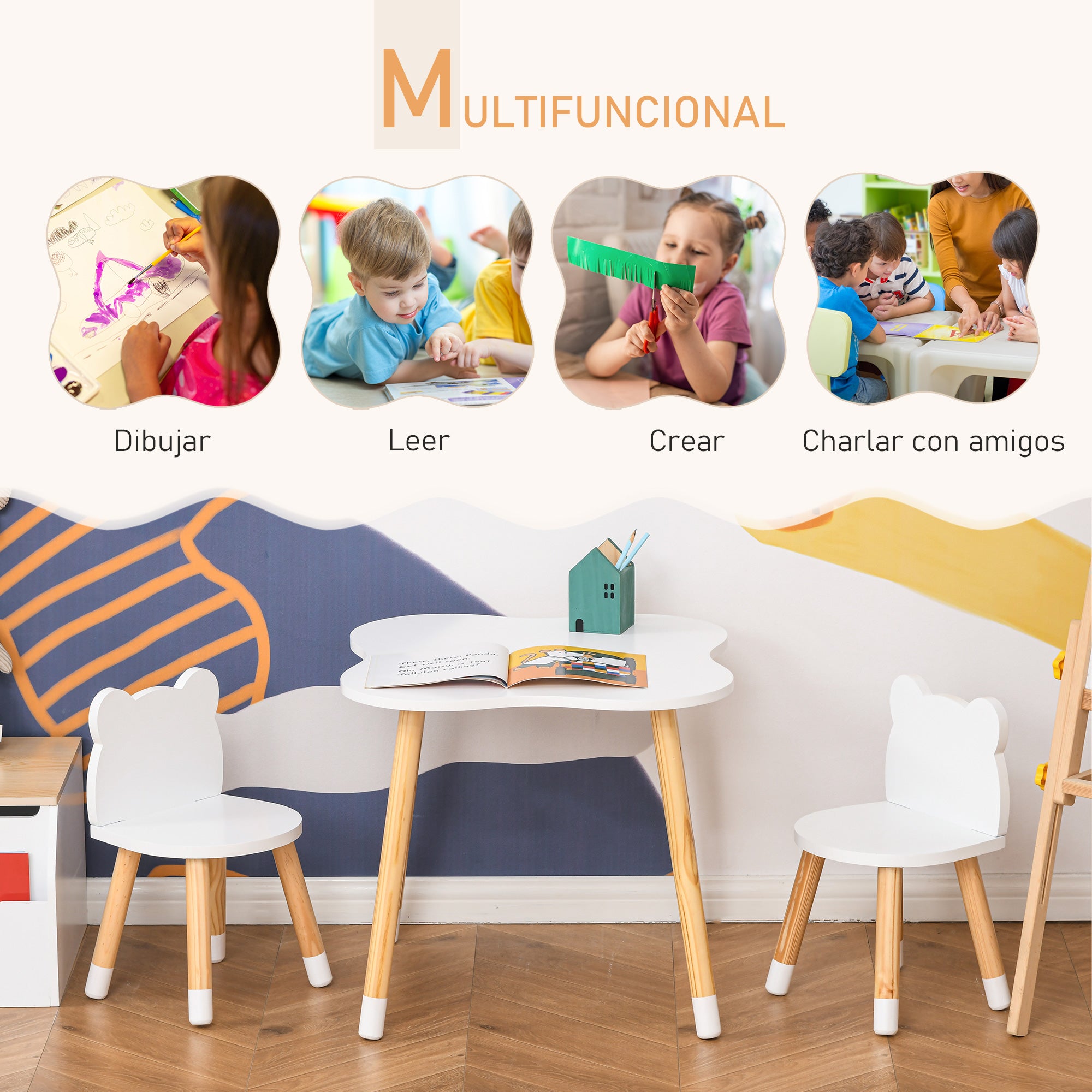 Conjunto Infantil de Mesa e 2 Cadeiras de Madeira - Branco - 56x56x50 cm