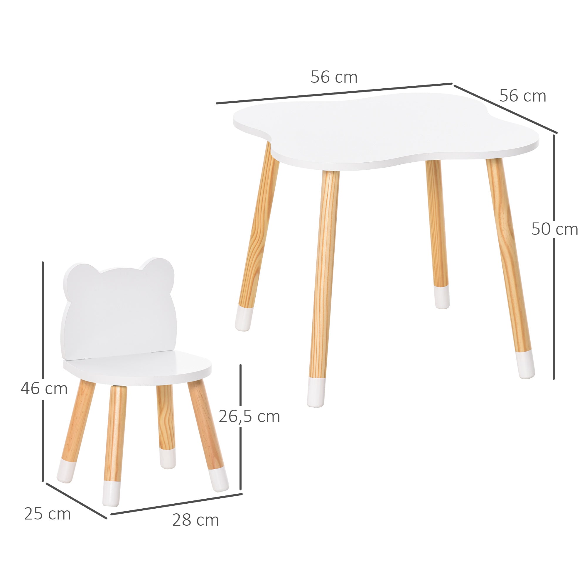 Conjunto Infantil de Mesa e 2 Cadeiras de Madeira - Branco - 56x56x50 cm