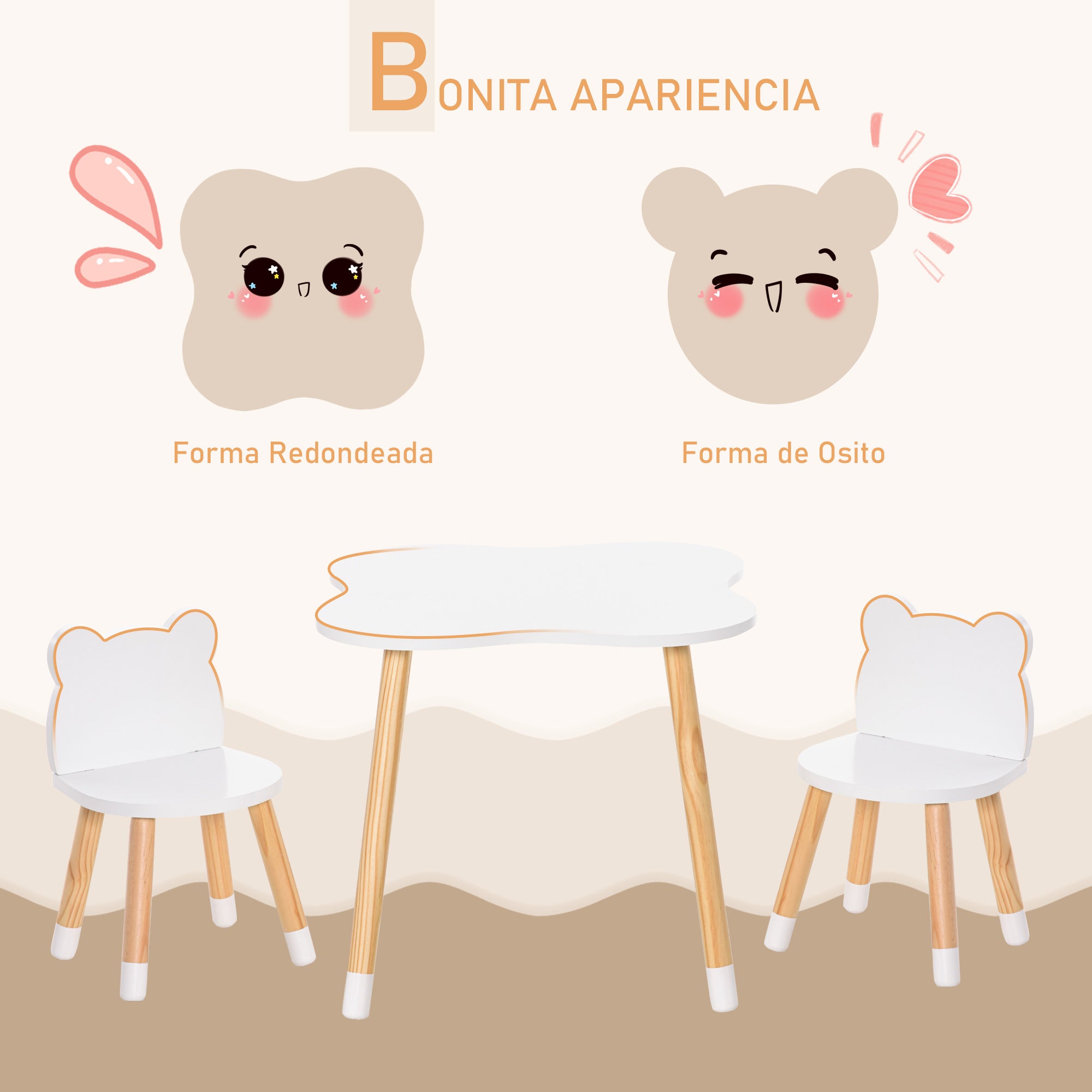 Conjunto Infantil de Mesa e 2 Cadeiras de Madeira - Branco - 56x56x50 cm
