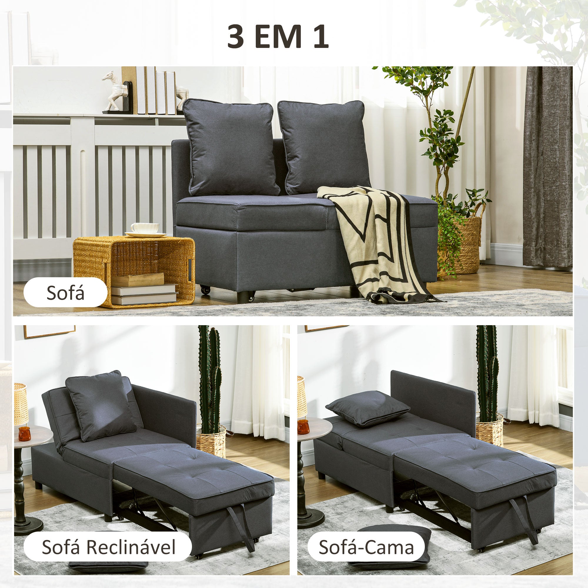 Sofá Cama 3 em 1 65x98x69 cm Cinzento