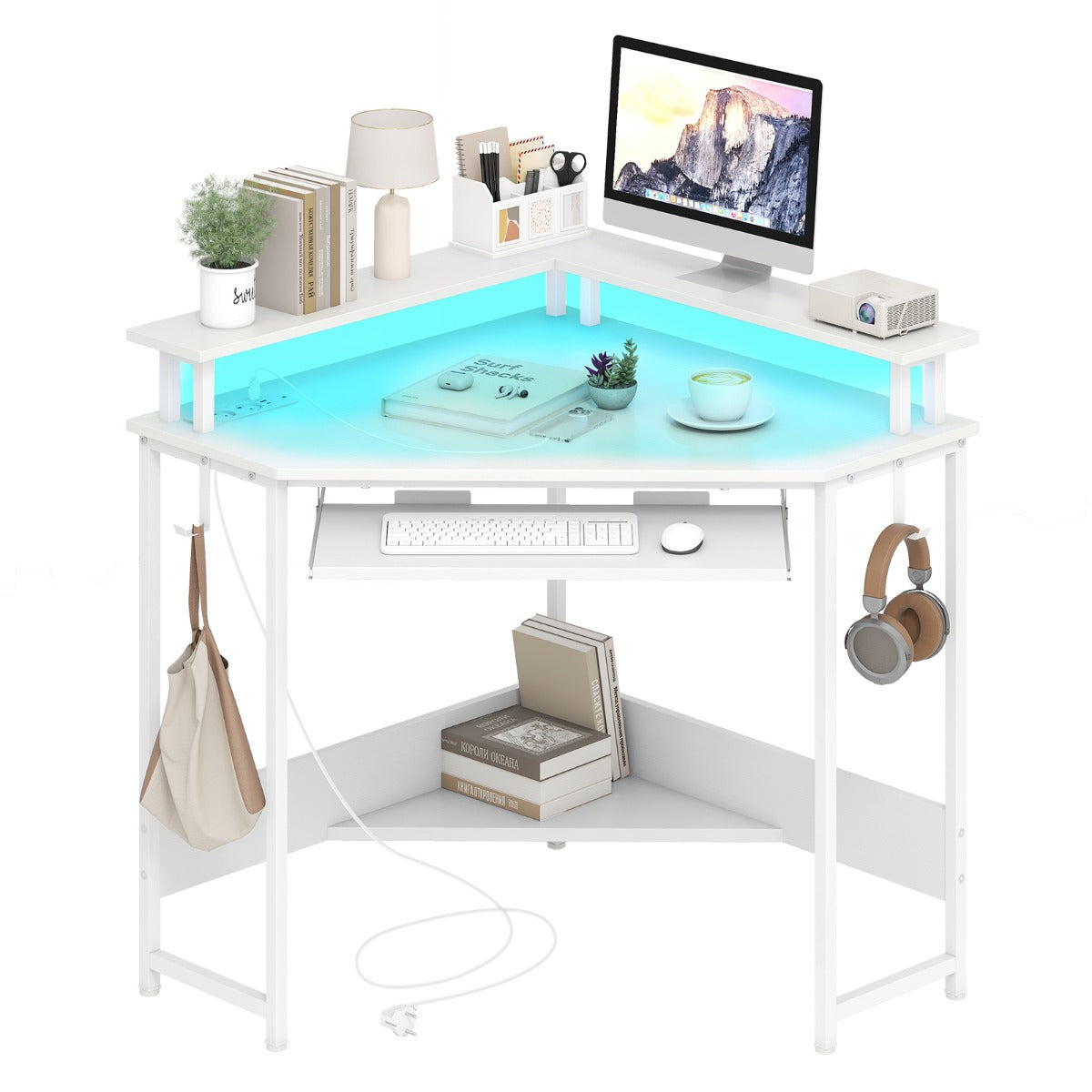 Mesa de Computador com Luzes LED e Comando à Distância Suporte para Monitor e Teclado com Tomadas 80 x 80 x 87,5 cm Branco