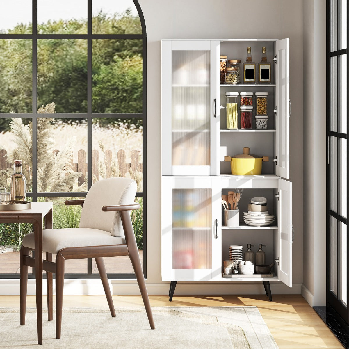 Armário despensa de cozinha com 4 portas estante ajustável com pés metálicos para sala de jantar 80 x 40 x 178,5 cm branco