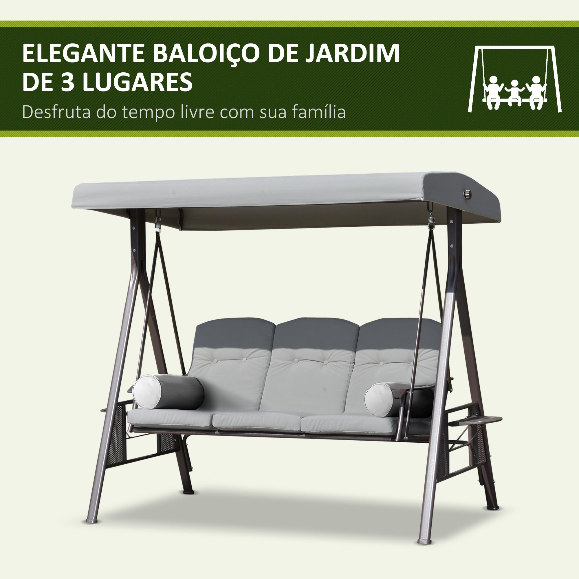 Banco Baloiço de Jardim 3 Lugares Cinzento 206x116x183cm
