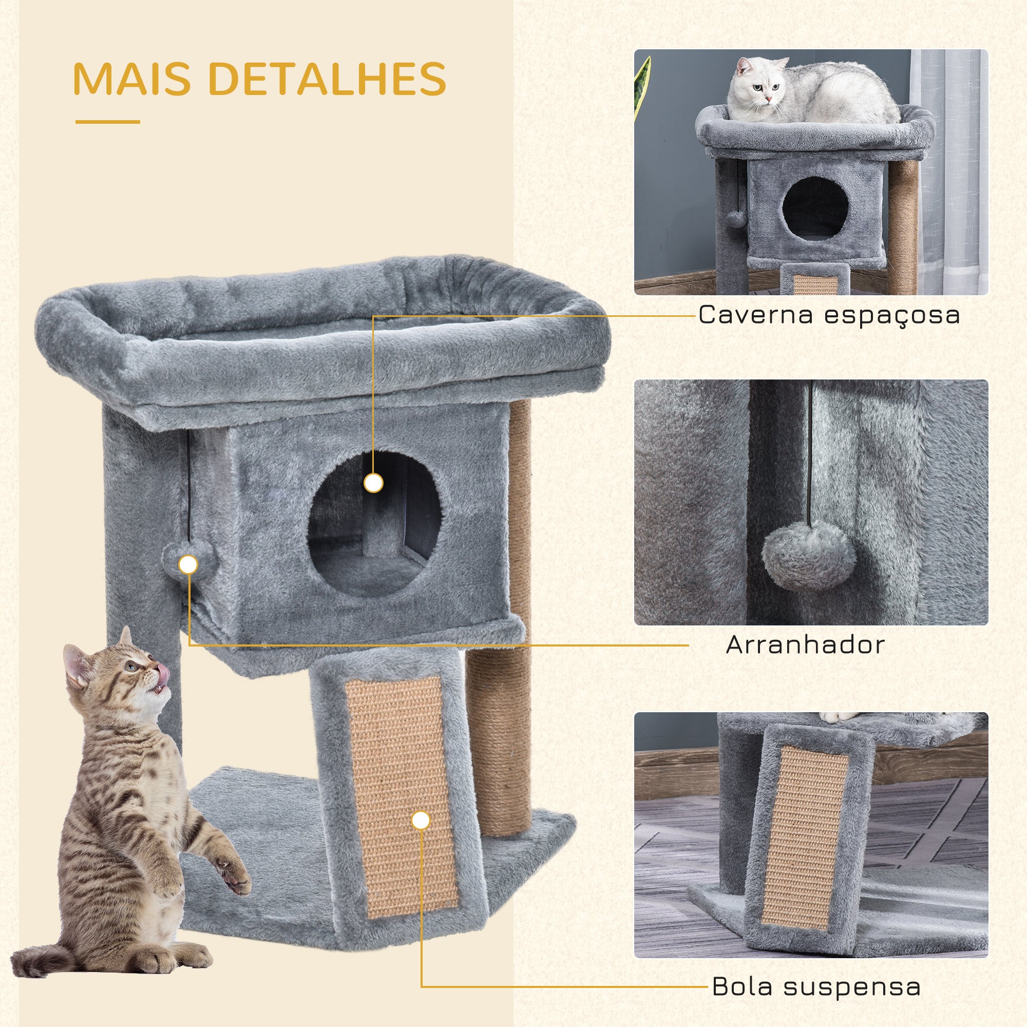 Arranhador para Gatos Cinzento 40x40x57 cm com Poste de Juta e Caverna