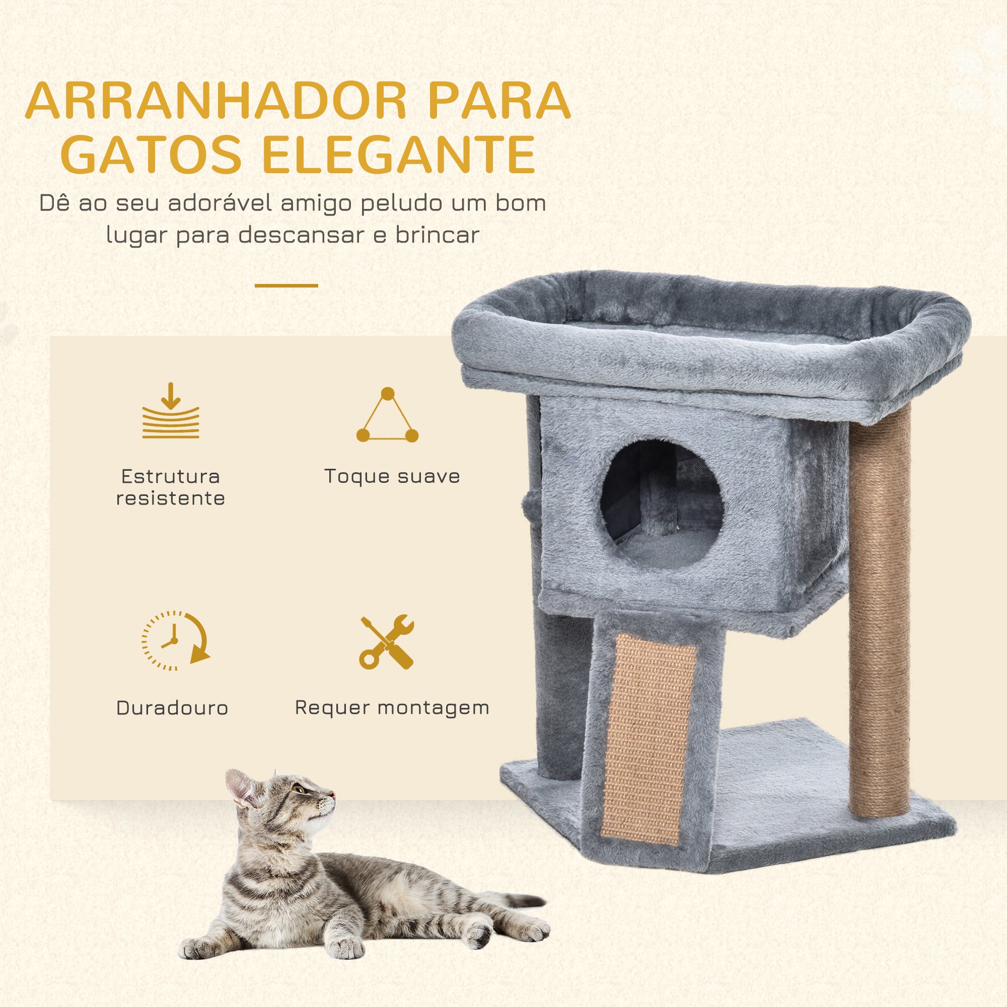 Arranhador para Gatos Cinzento 40x40x57 cm com Poste de Juta e Caverna