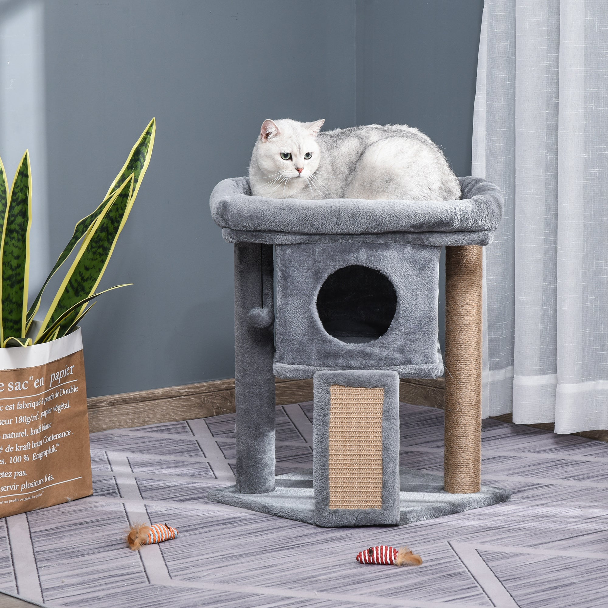Arranhador para Gatos Cinzento 40x40x57 cm com Poste de Juta e Caverna