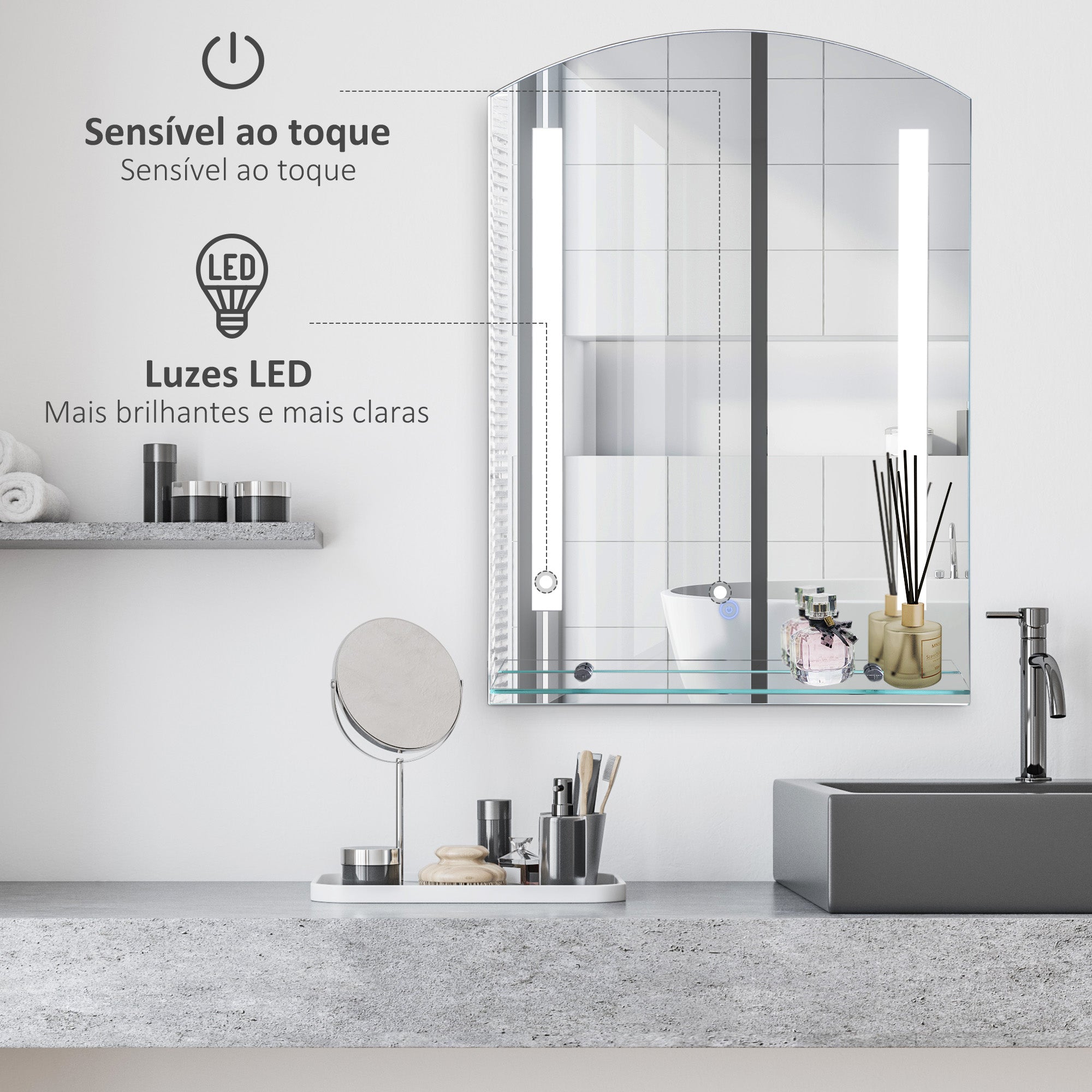 Espelho de Banheiro com Luz LED 16W e Prateleira - Prata 50x15,1x70 cm