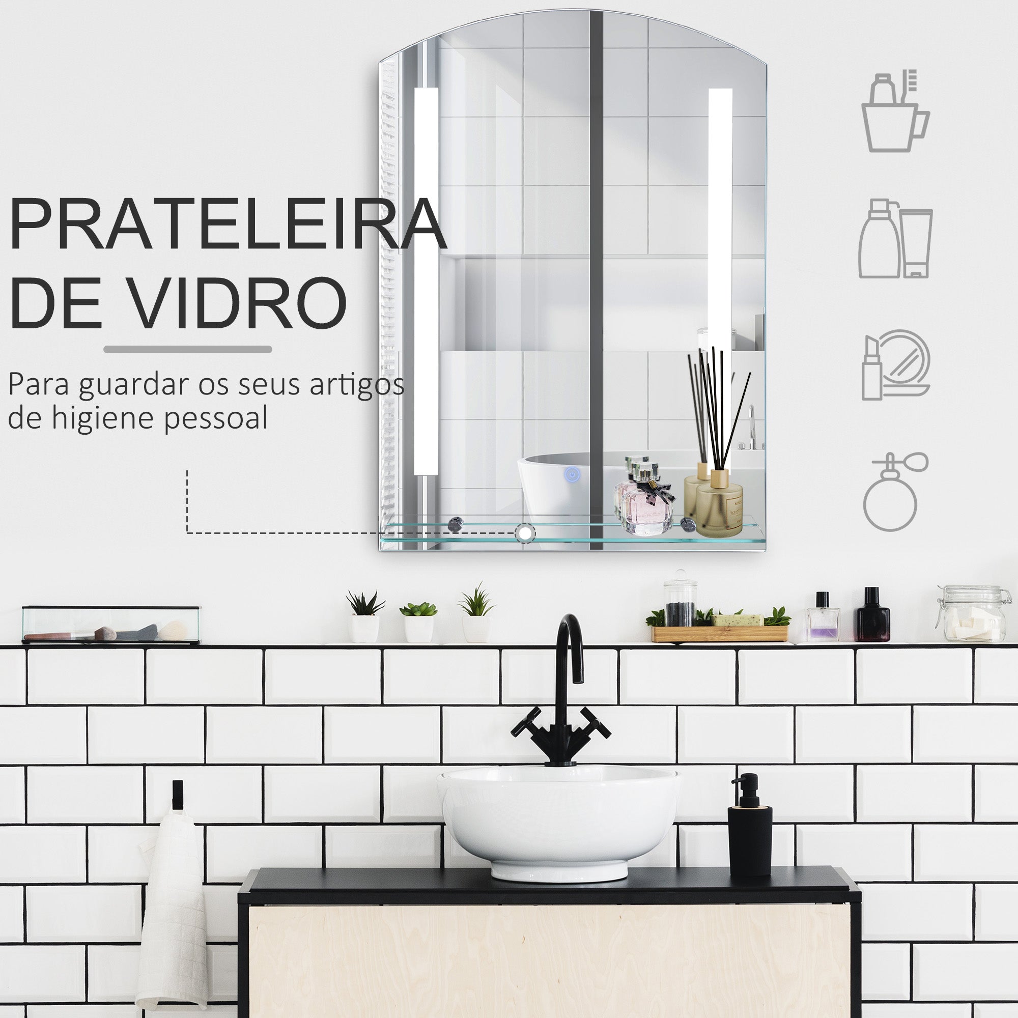 Espelho de Banheiro com Luz LED 16W e Prateleira - Prata 50x15,1x70 cm