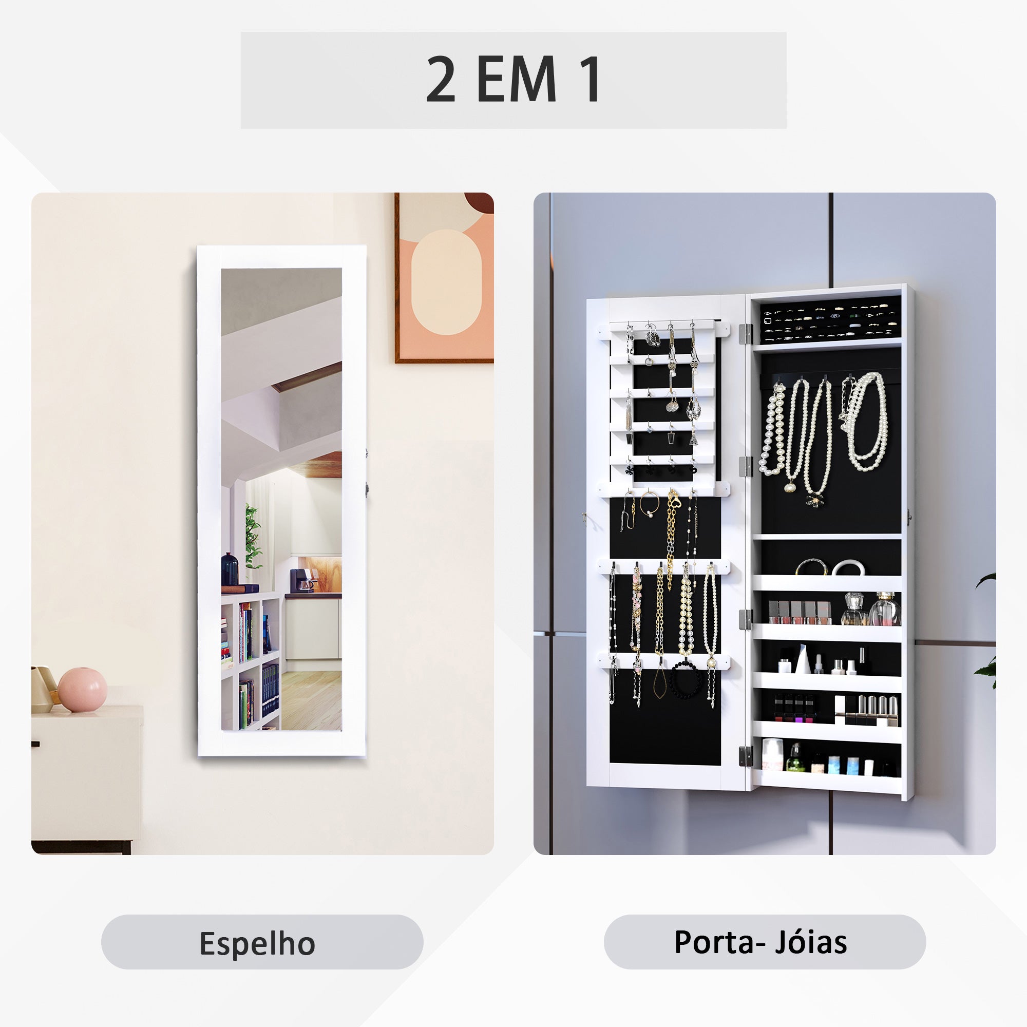 Espelho com Móvel de Bijuterias de Parede 37x9,5x112cm Branco