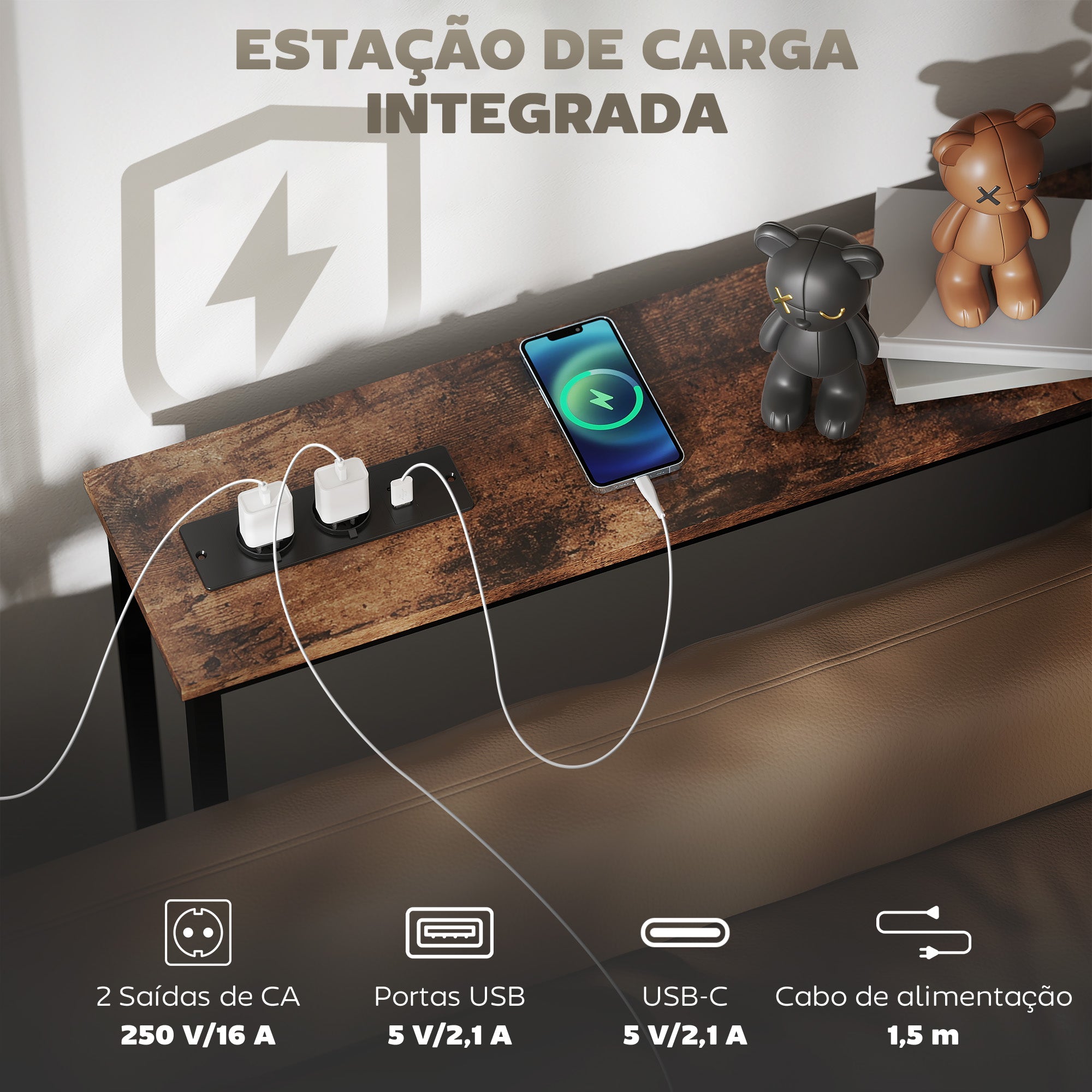 Mesa Consola Estreita 160x20x80 cm Castanho Rústico e Preto