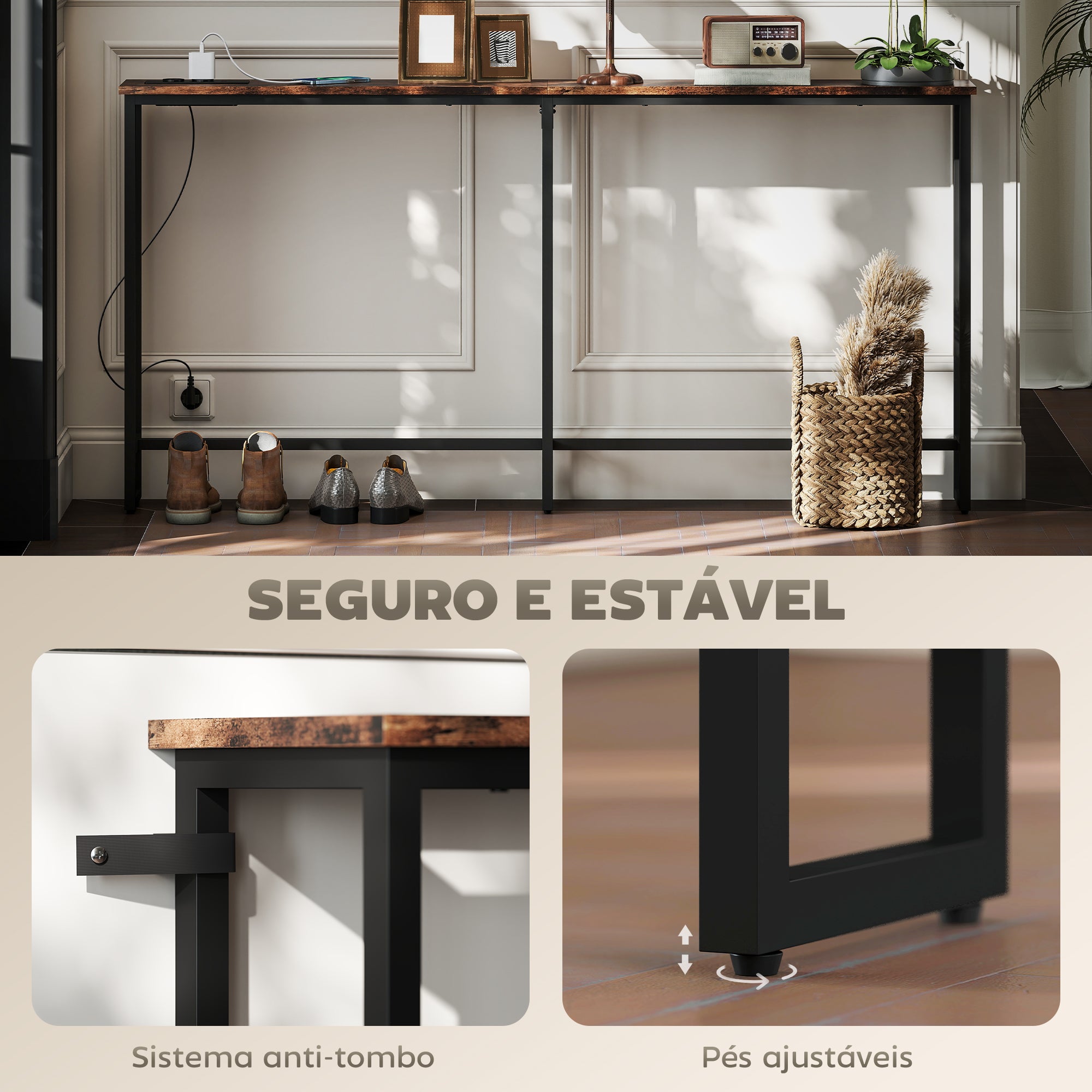 Mesa Consola Estreita 160x20x80 cm Castanho Rústico e Preto