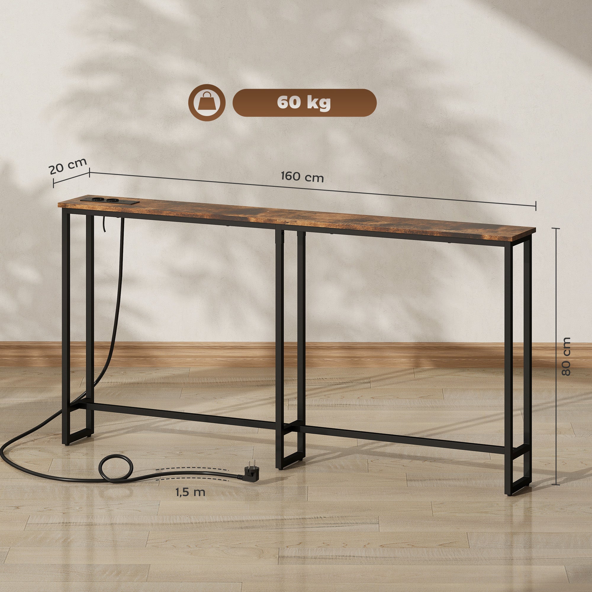 Mesa Consola Estreita 160x20x80 cm Castanho Rústico e Preto