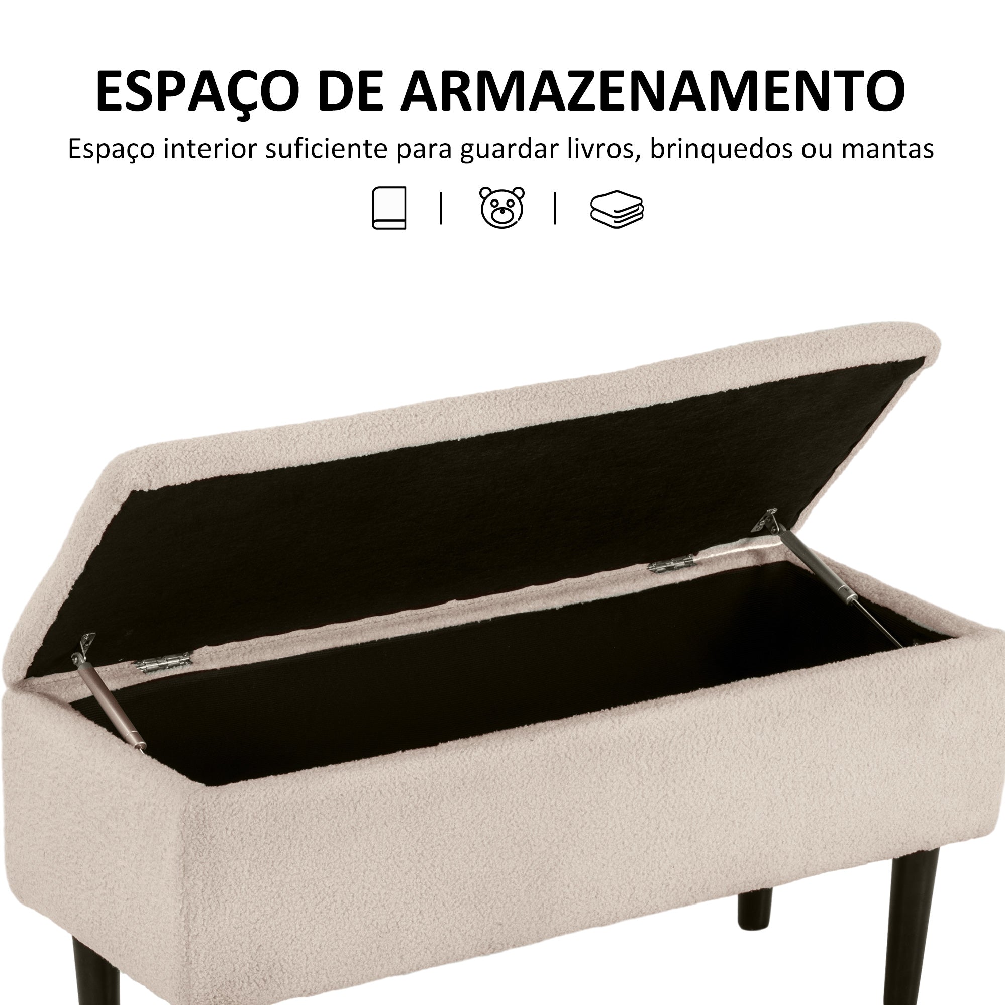 Banco de Armazenamento – 95x38x45 cm – Bege – Tecido similar a lã e madeira de borracha