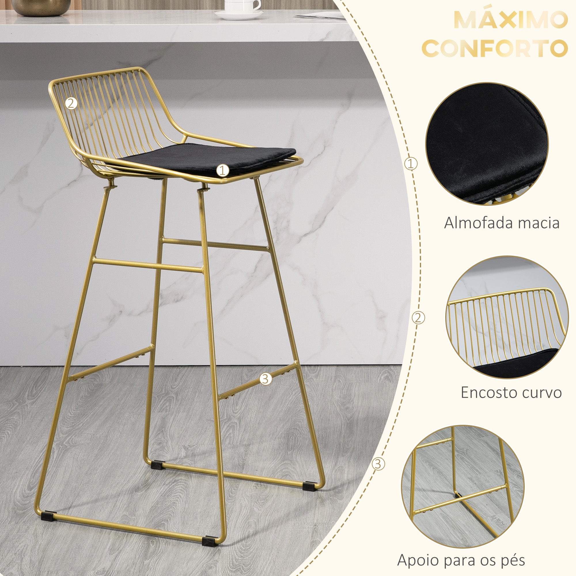 Bancos Altos de Cozinha – 44,5x48x94,6 cm – Dourado – Aço