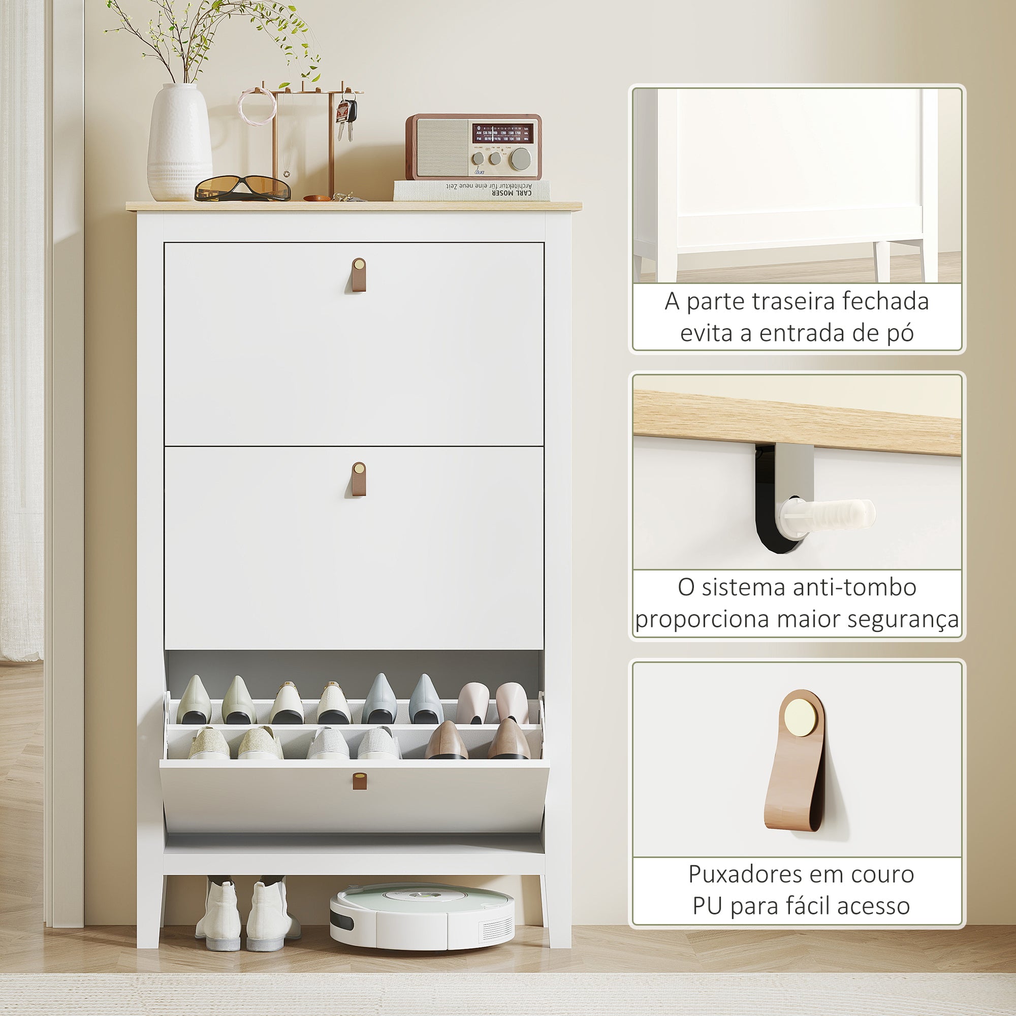 Sapateira Estreita com 3 Gavetas Abatíveis 80x24x131 cm - Branco