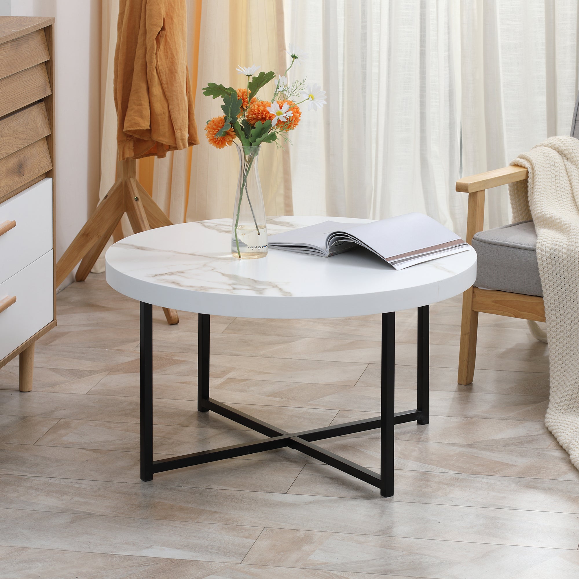 Mesa de Centro Redonda Elegante 80x80x45 cm - Branco e Preto