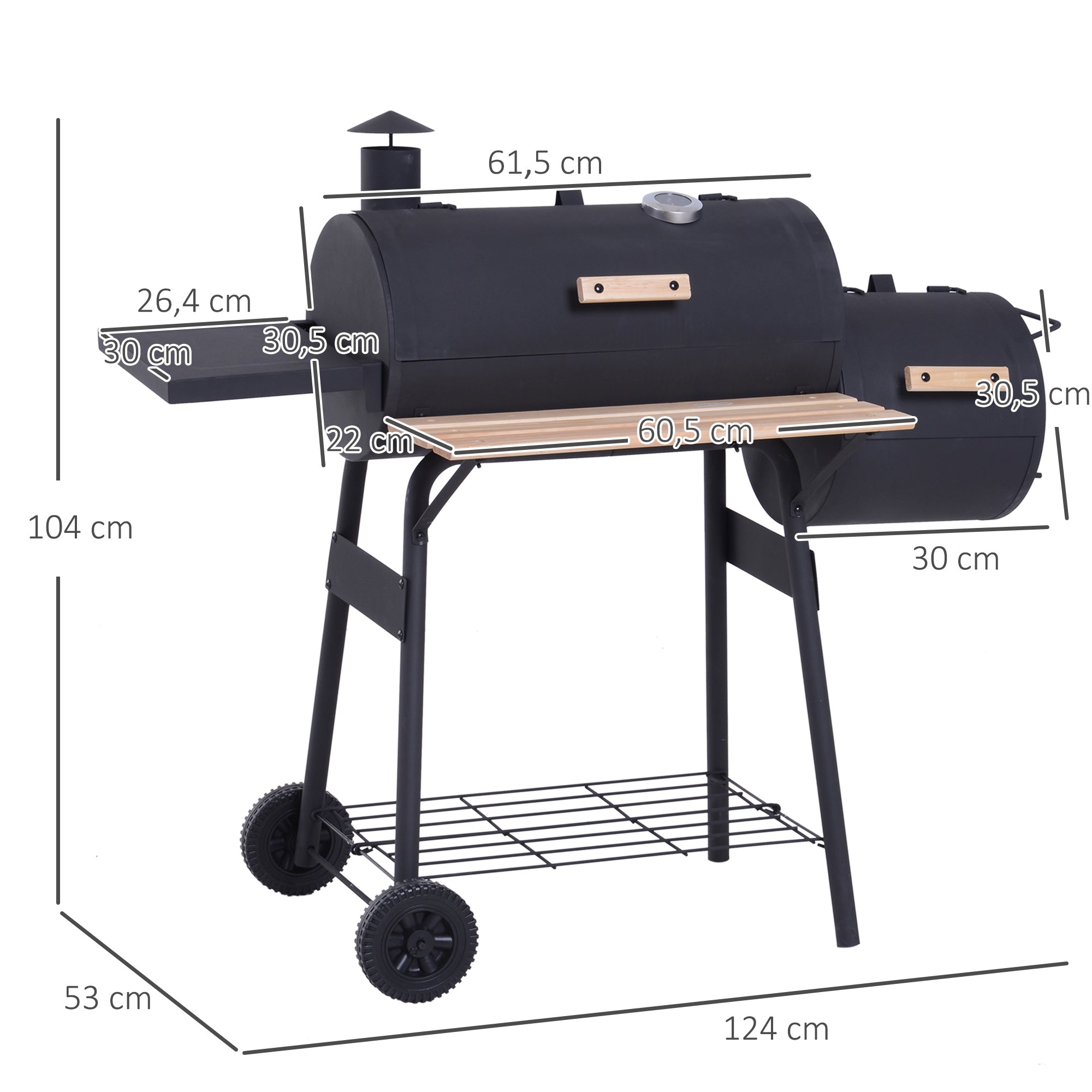 Barbecue a Carvão 2 em 1 Defumador e Grelha 124x53x104cm - Preto