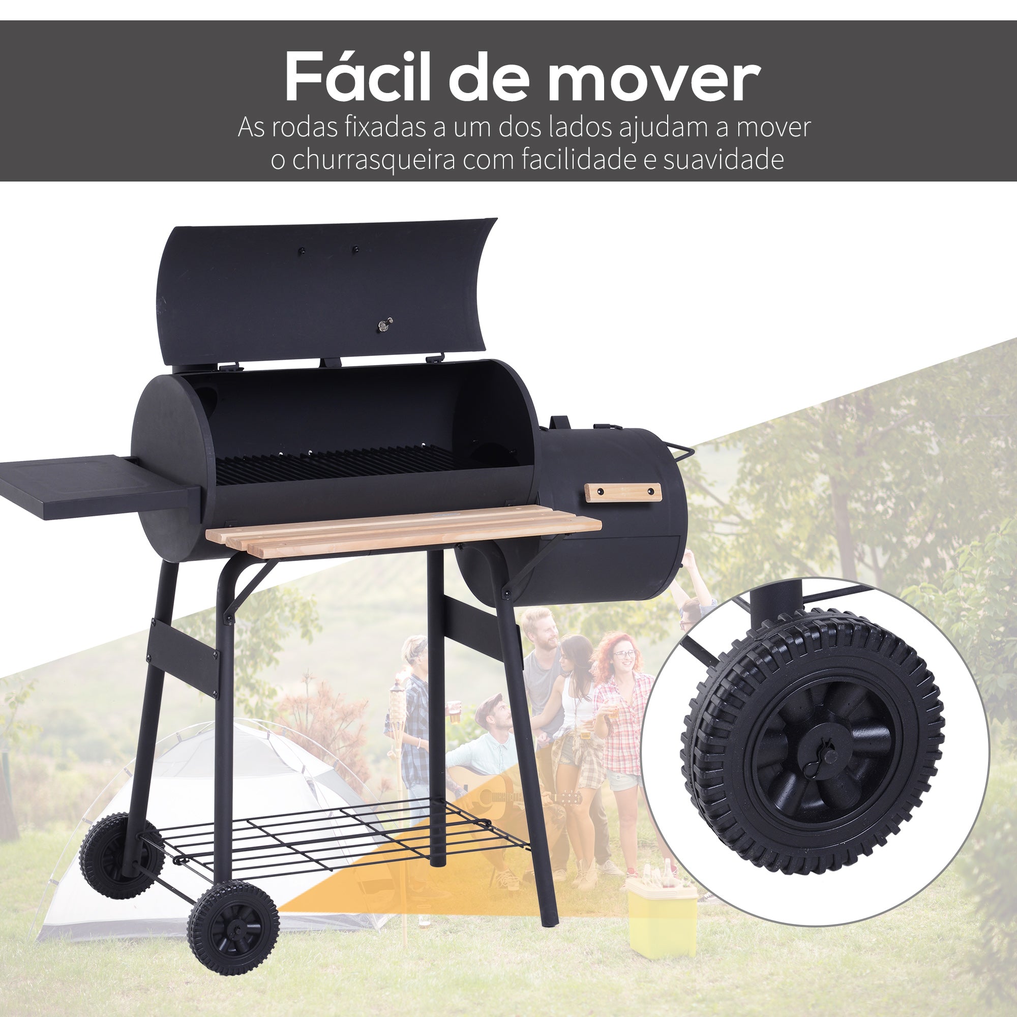 Barbecue a Carvão 2 em 1 Defumador e Grelha 124x53x104cm - Preto