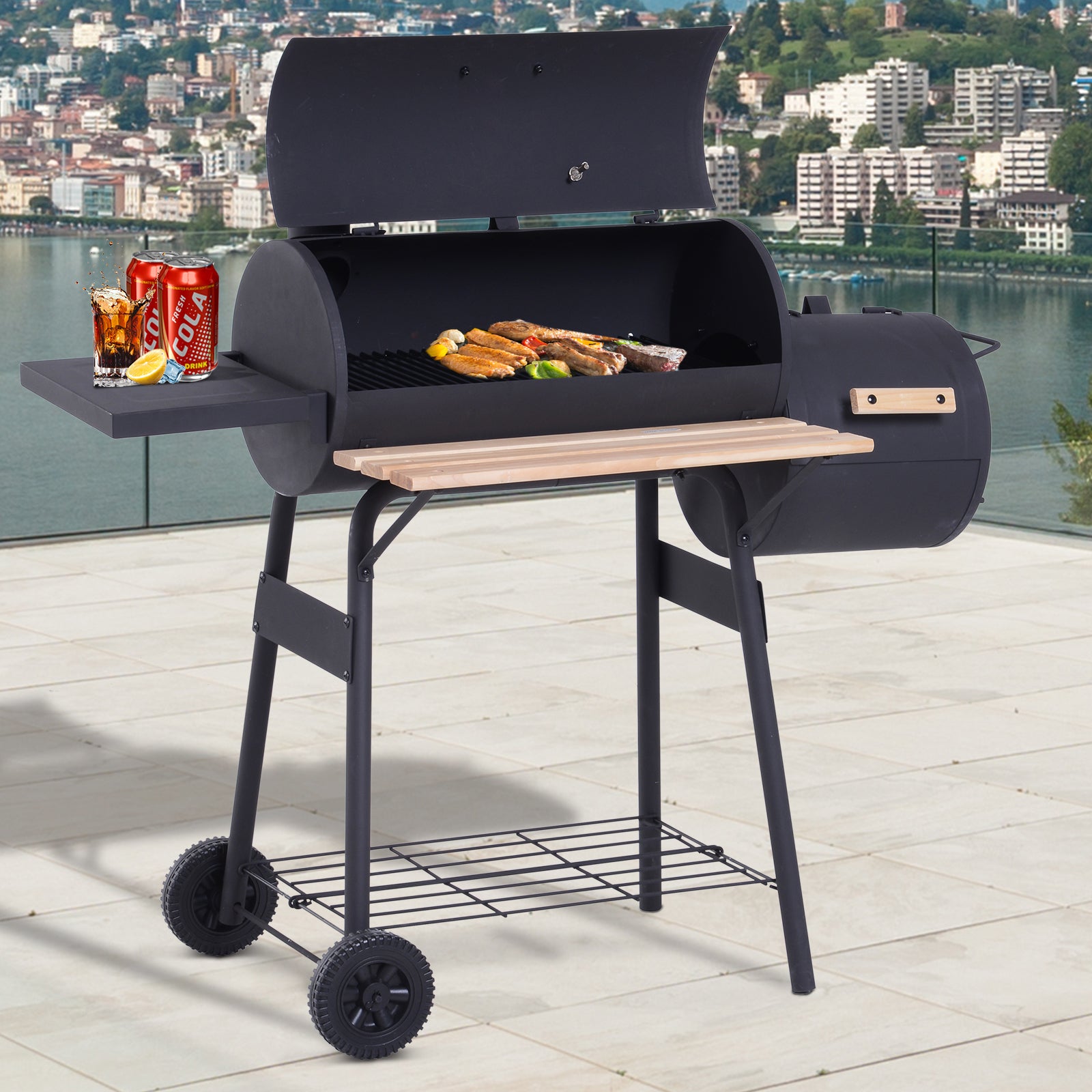 Barbecue a Carvão 2 em 1 Defumador e Grelha 124x53x104cm - Preto