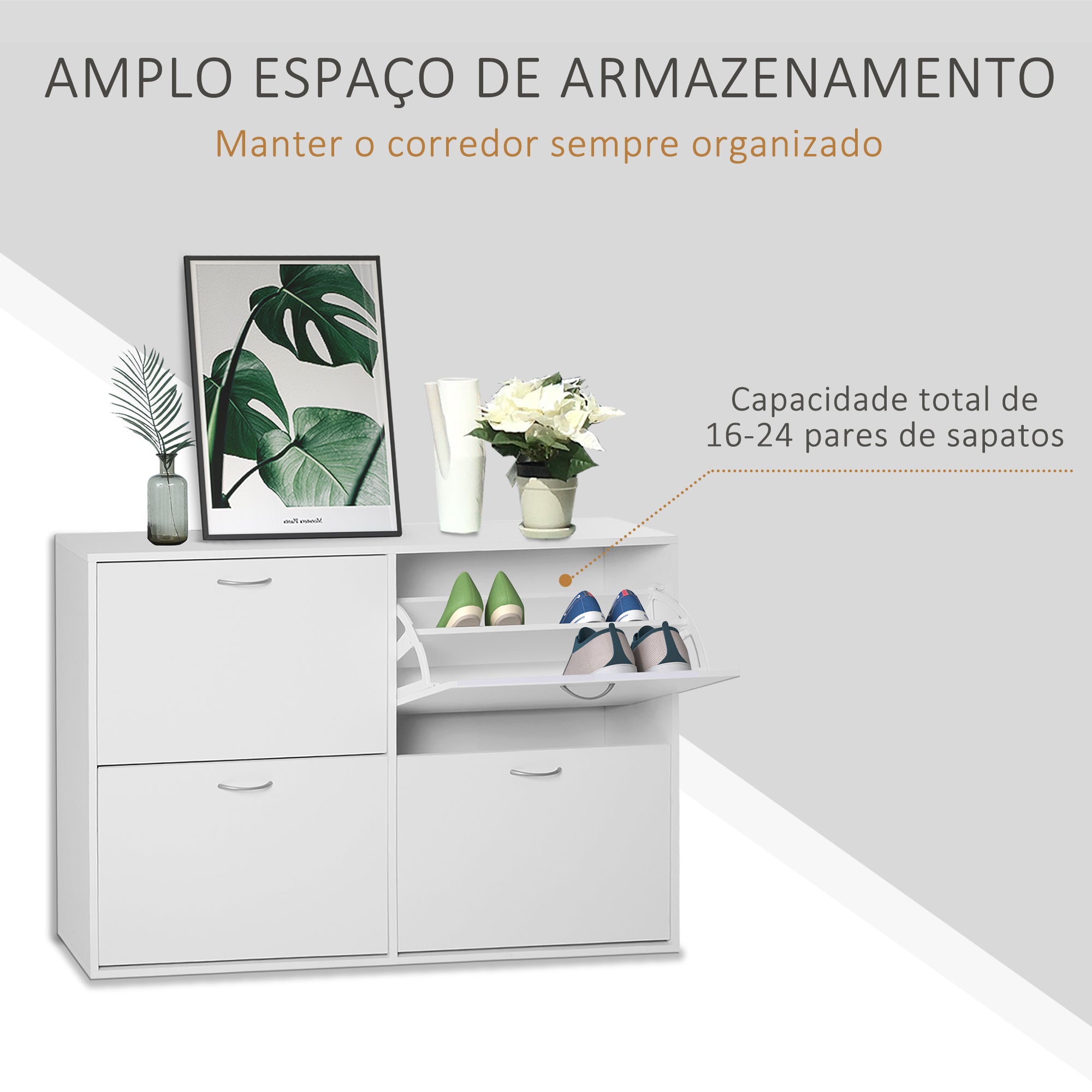 Sapateira Moderna Branca com 4 Gavetas Abatíveis e Prateleiras Ajustáveis 120x24x81 cm