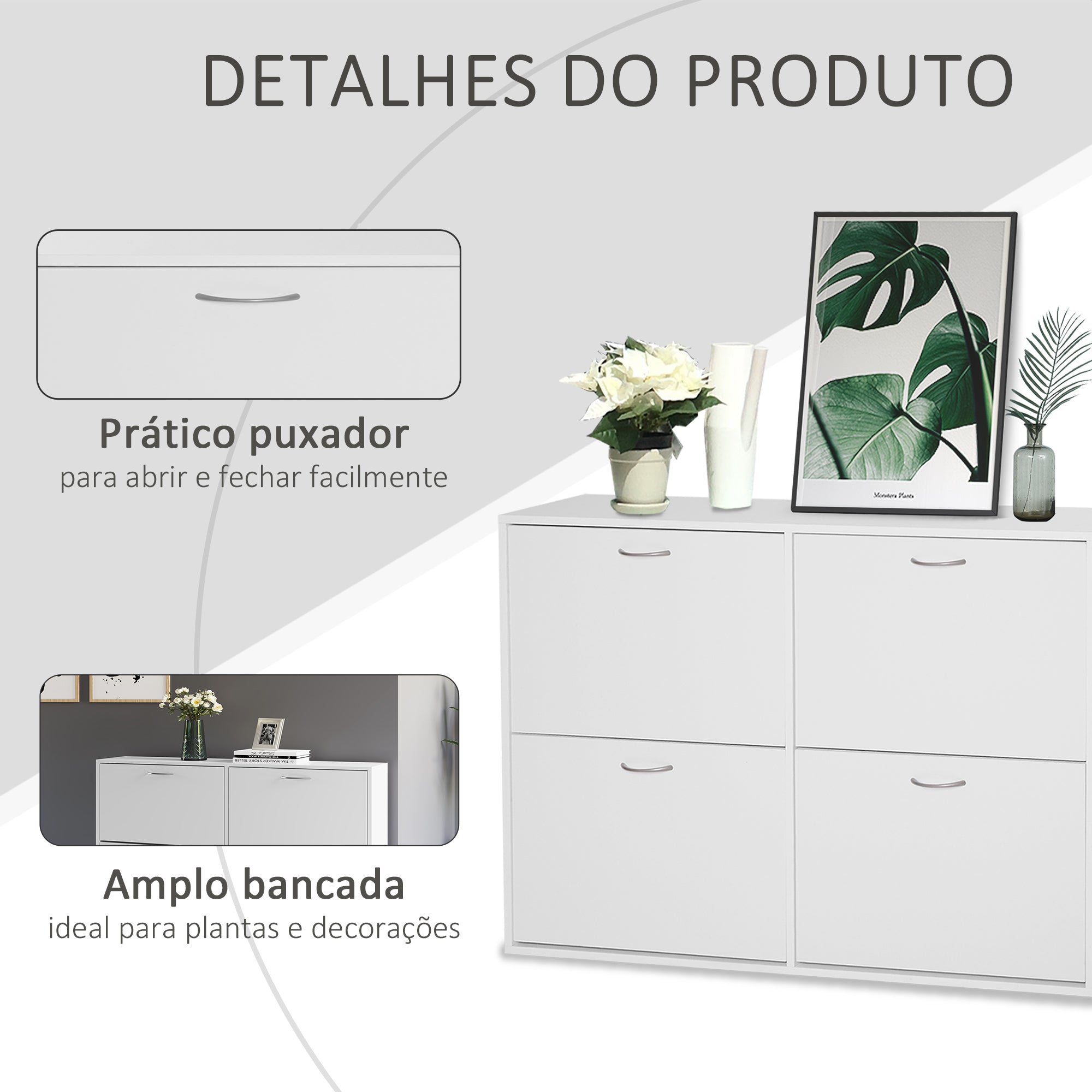 Sapateira Moderna Branca com 4 Gavetas Abatíveis e Prateleiras Ajustáveis 120x24x81 cm