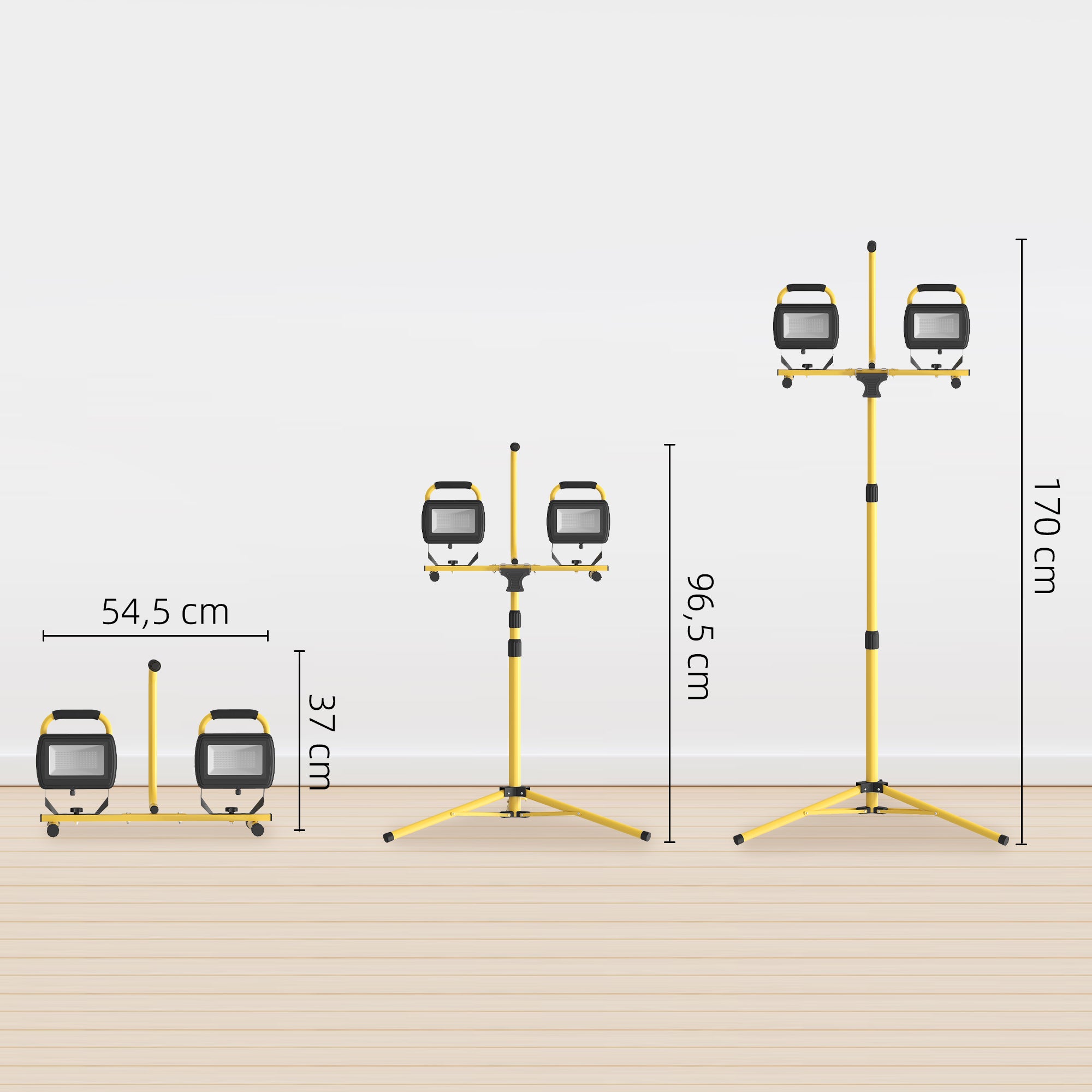 Projetor LED Duplo Recarregável – 77x68x170 cm – Amarelo – Alumínio e metal