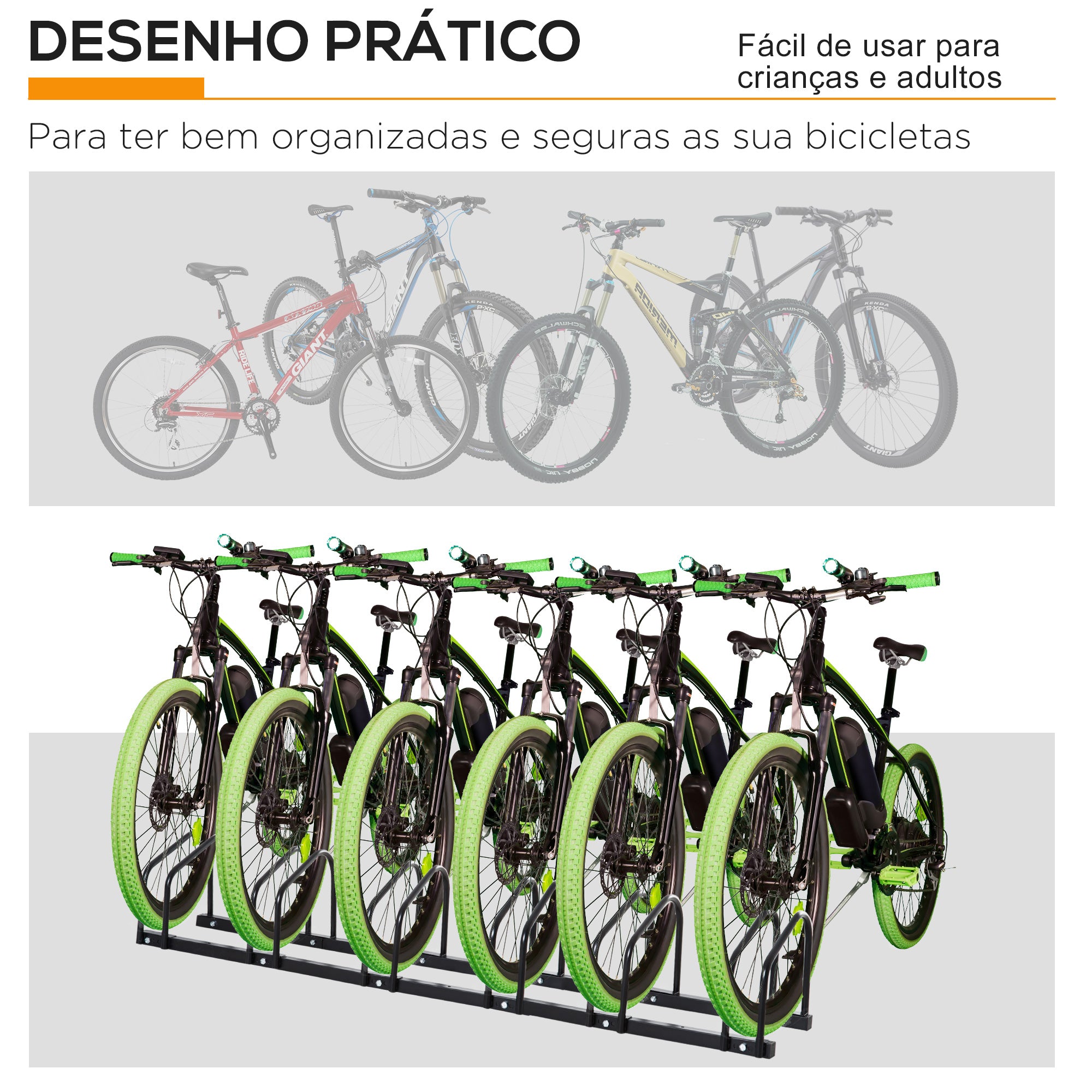 Estacionamento para 6 Bicicletas em Aço 179x33x27 cm - Cor Preto
