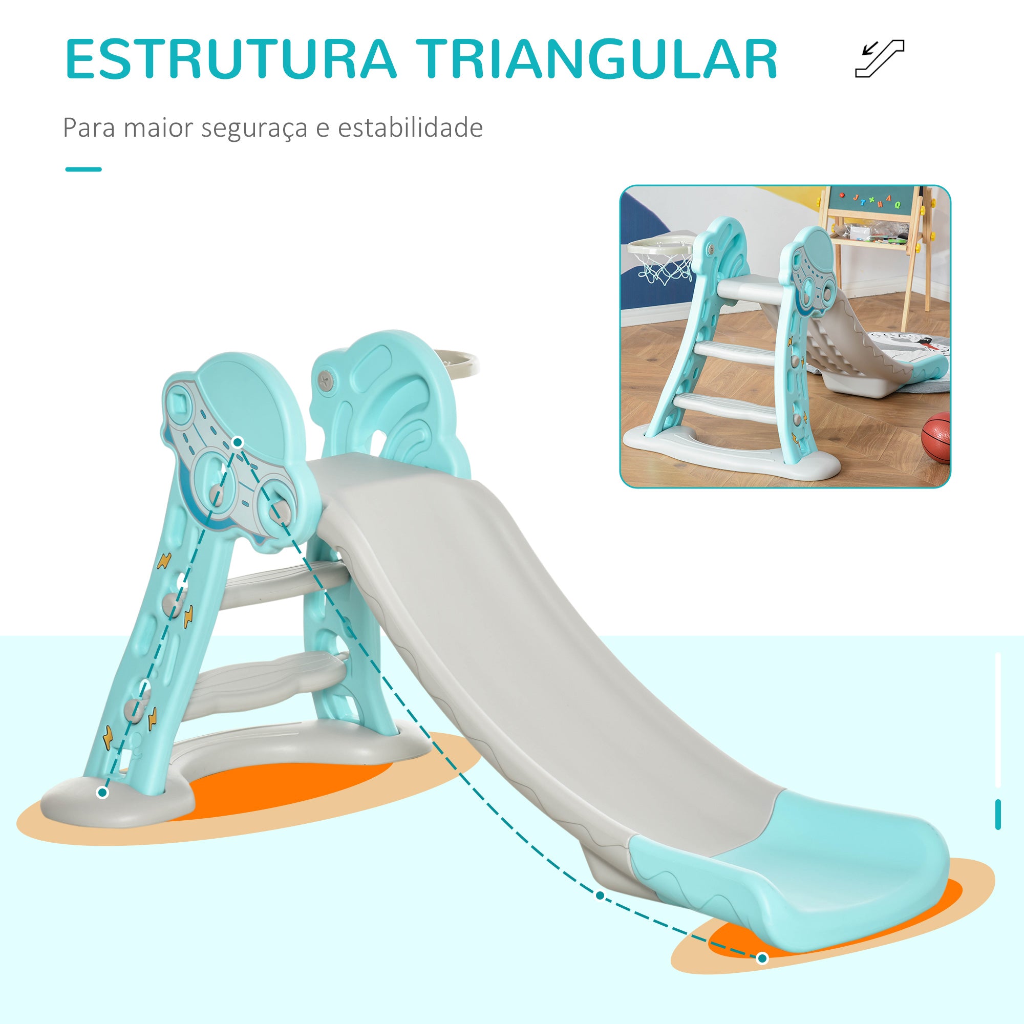 Escorrega Infantil Dobrável 140x87x75cm Azul e Cinza com Cesta de Basquetebol