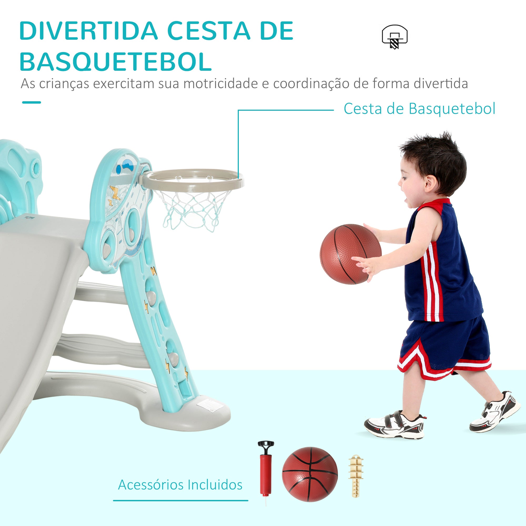 Escorrega Infantil Dobrável 140x87x75cm Azul e Cinza com Cesta de Basquetebol