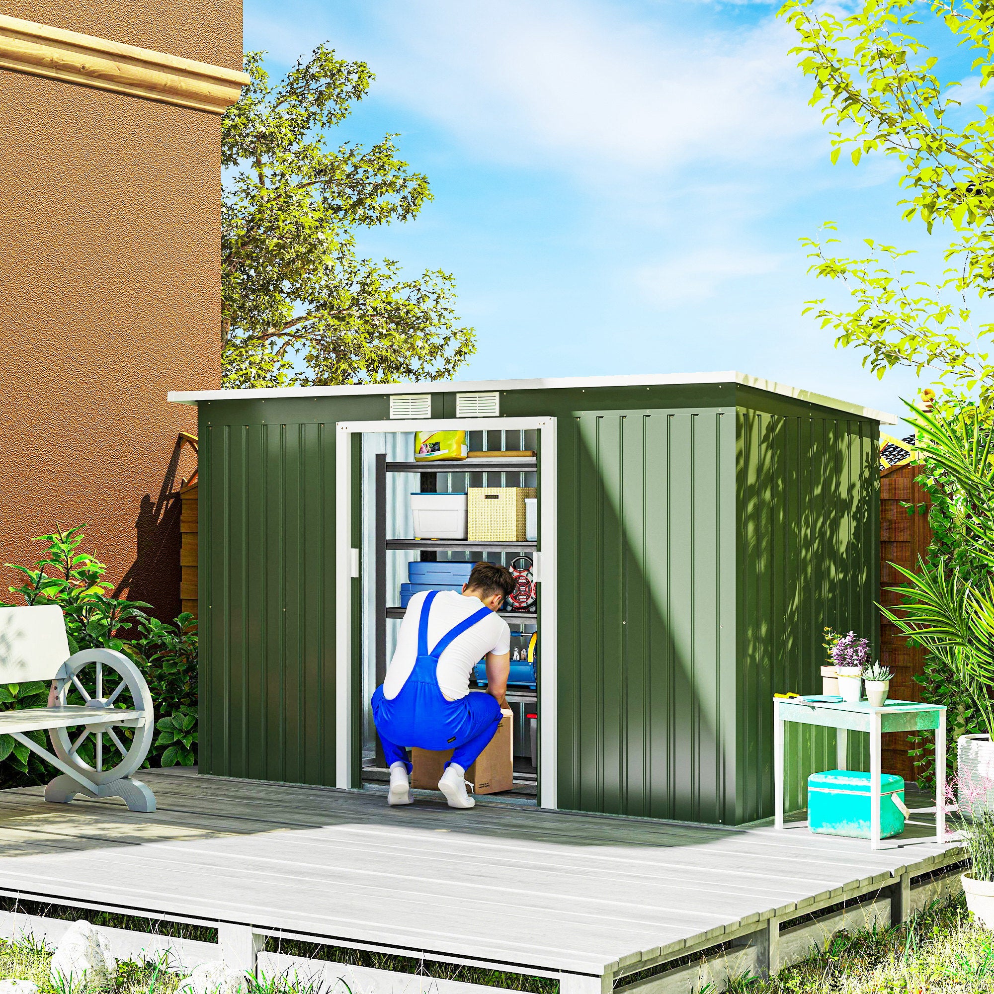 Abrigo de Jardim Verde 280x130x172cm em Aço Galvanizado com Porta Corrediça e Ventilações