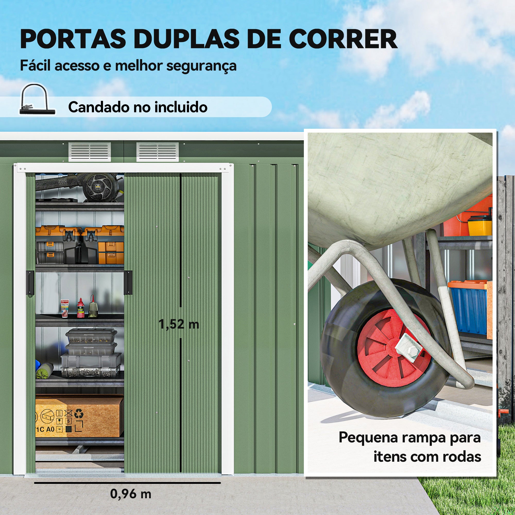 Abrigo de Jardim Verde 280x130x172cm em Aço Galvanizado com Porta Corrediça e Ventilações