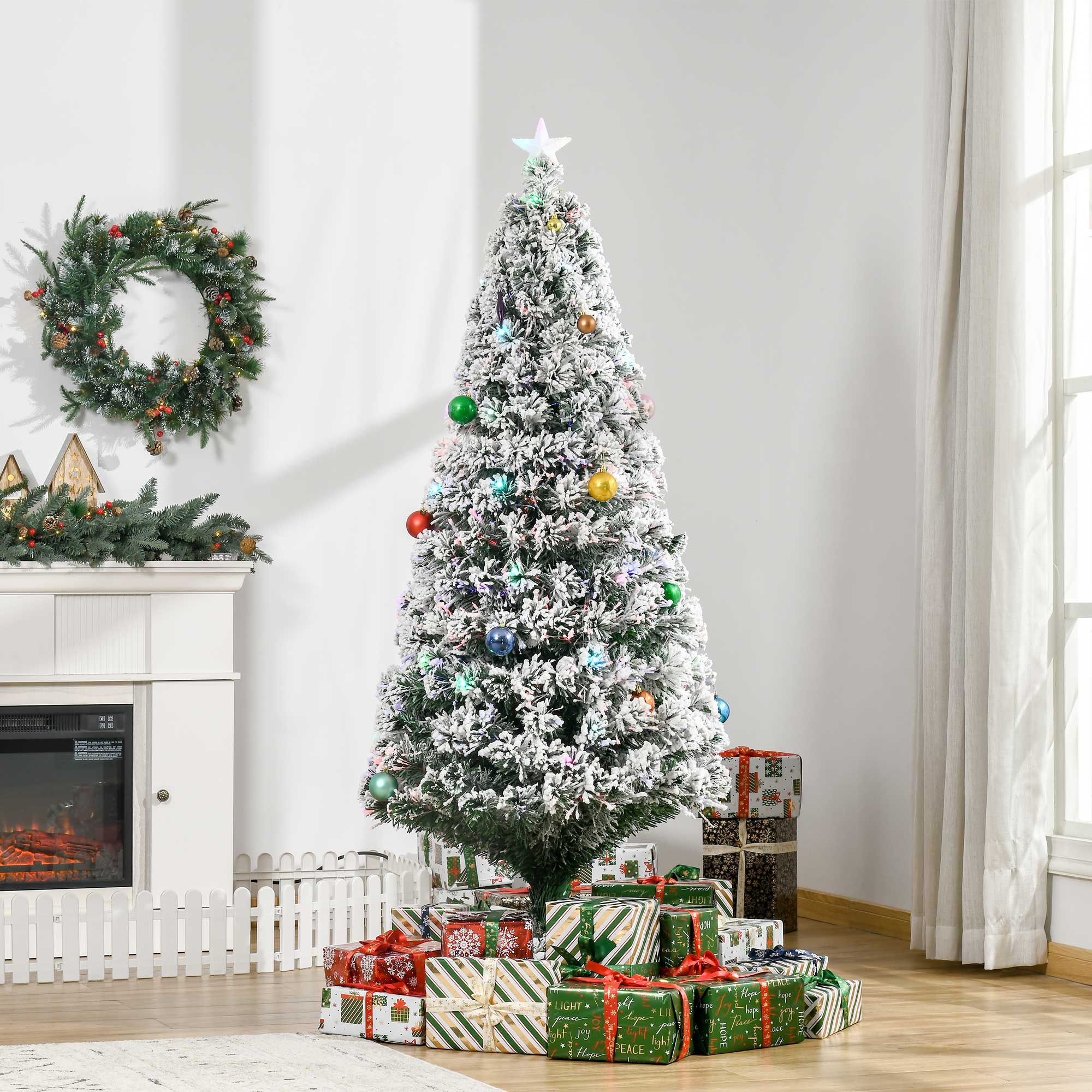 Árvore de Natal Artificial 180 cm Verde com Efeito Nevado e 32 Luzes LED