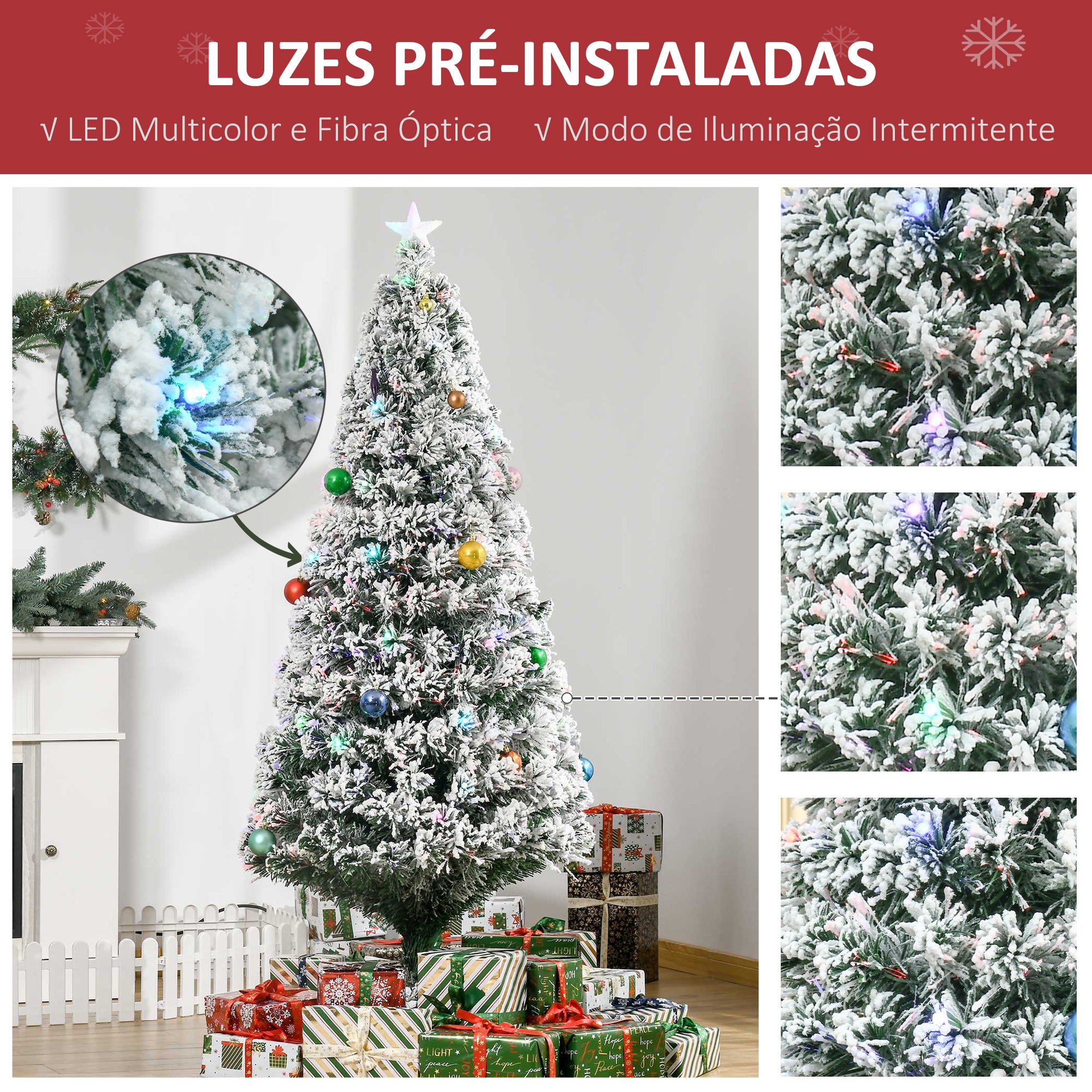 Árvore de Natal Artificial 180 cm Verde com Efeito Nevado e 32 Luzes LED