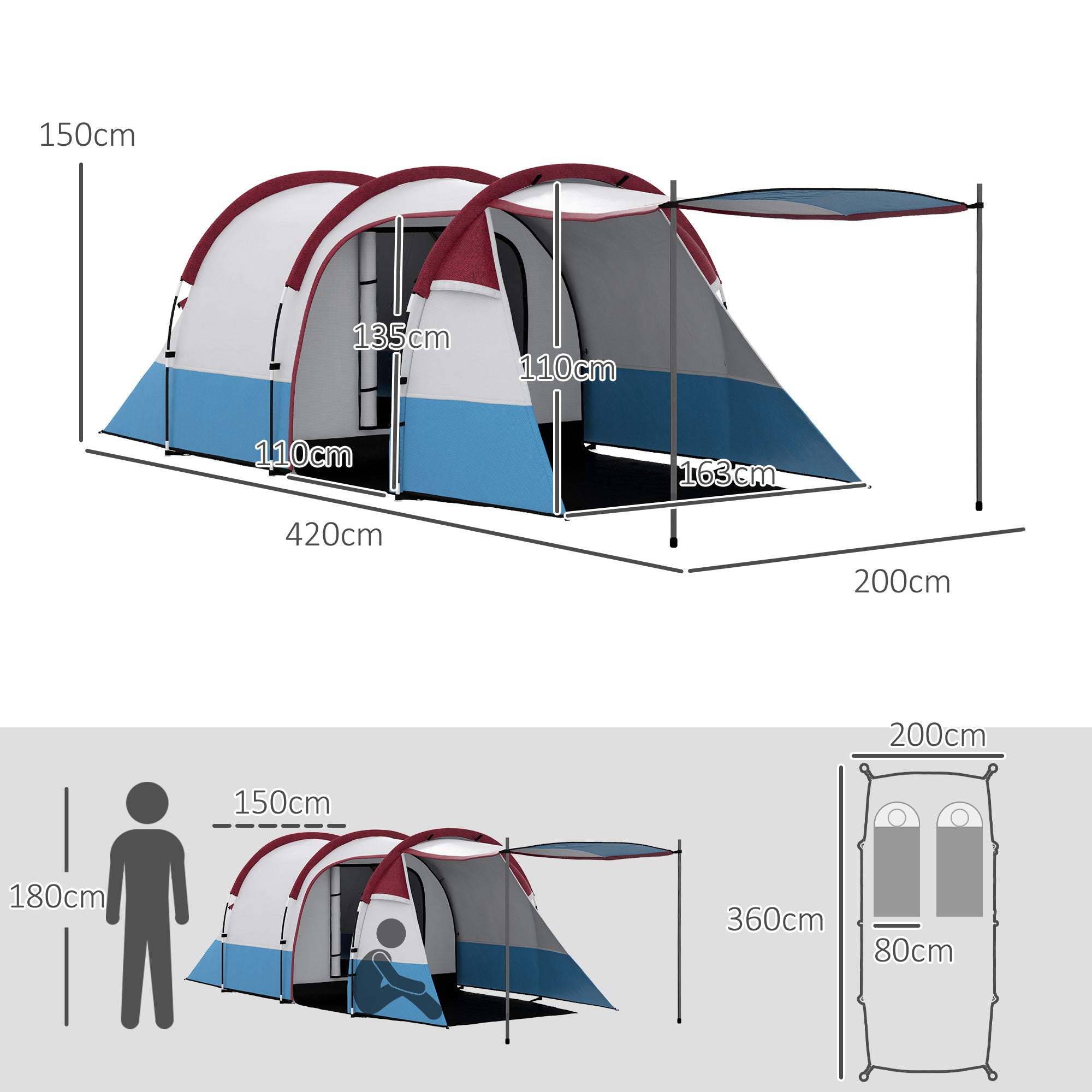 Tenda de Campismo Familiar 2-3 Pessoas 420x200x150 cm - Cinza Claro, Azul Claro e Vermelho
