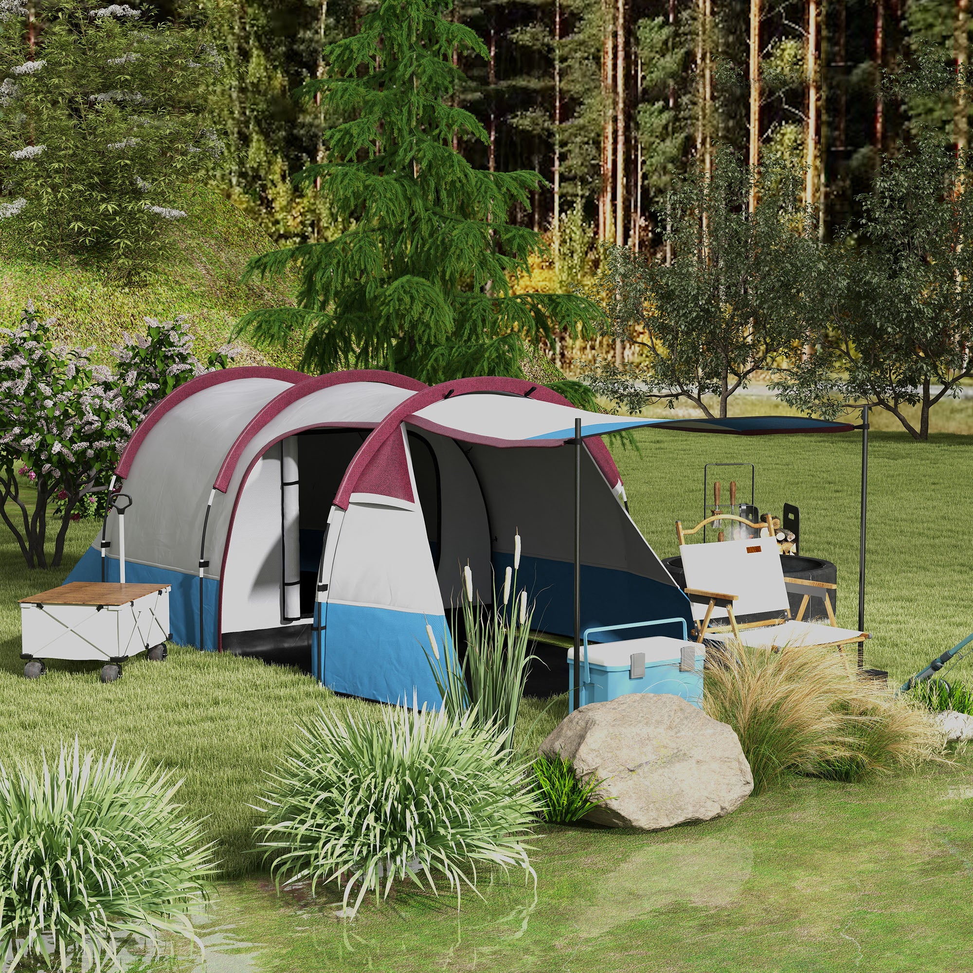 Tenda de Campismo Familiar 2-3 Pessoas 420x200x150 cm - Cinza Claro, Azul Claro e Vermelho