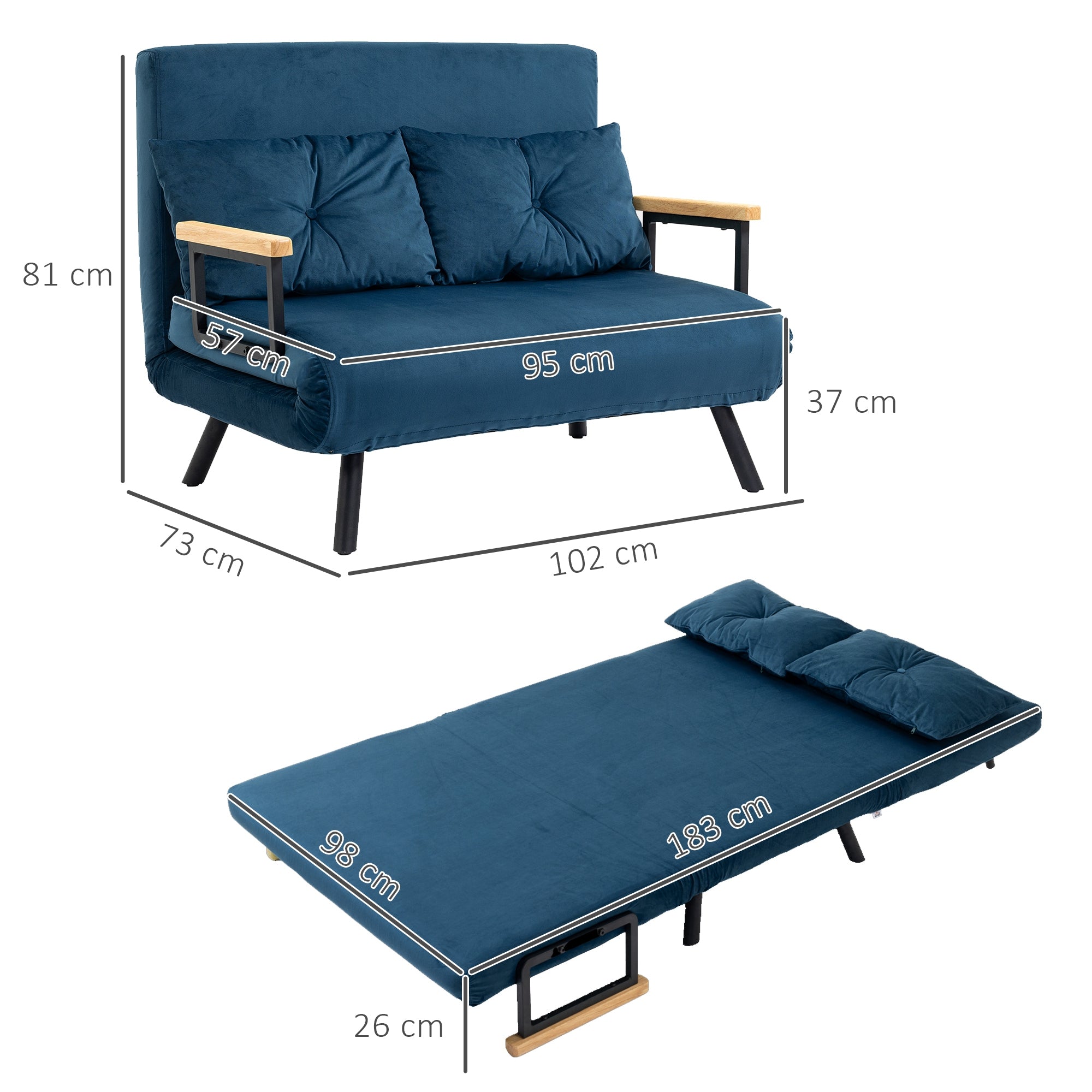 Sofá Cama Conversível em Cama de 2 Lugares Azul Marrinho 102x73x81 cm