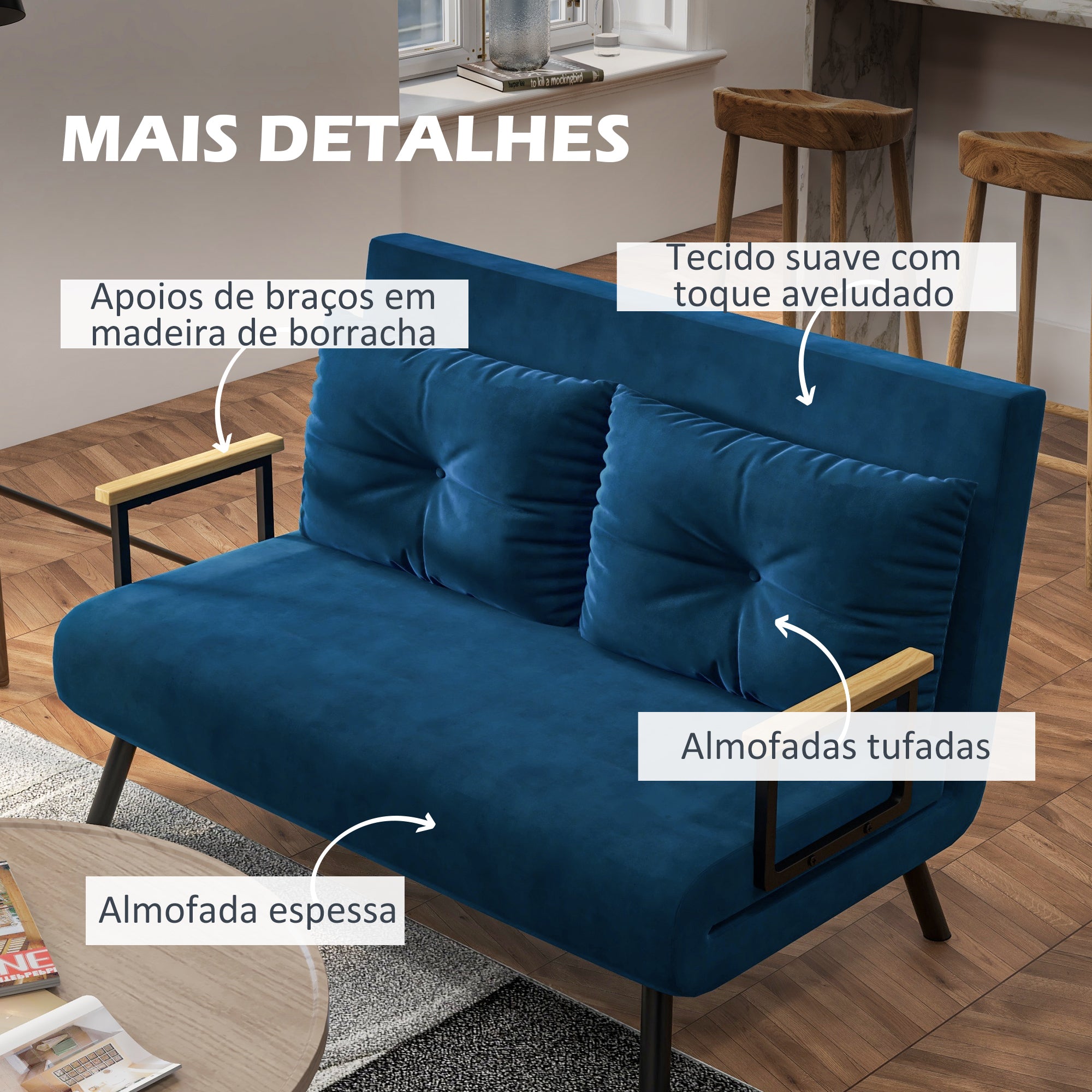 Sofá Cama Conversível em Cama de 2 Lugares Azul Marrinho 102x73x81 cm