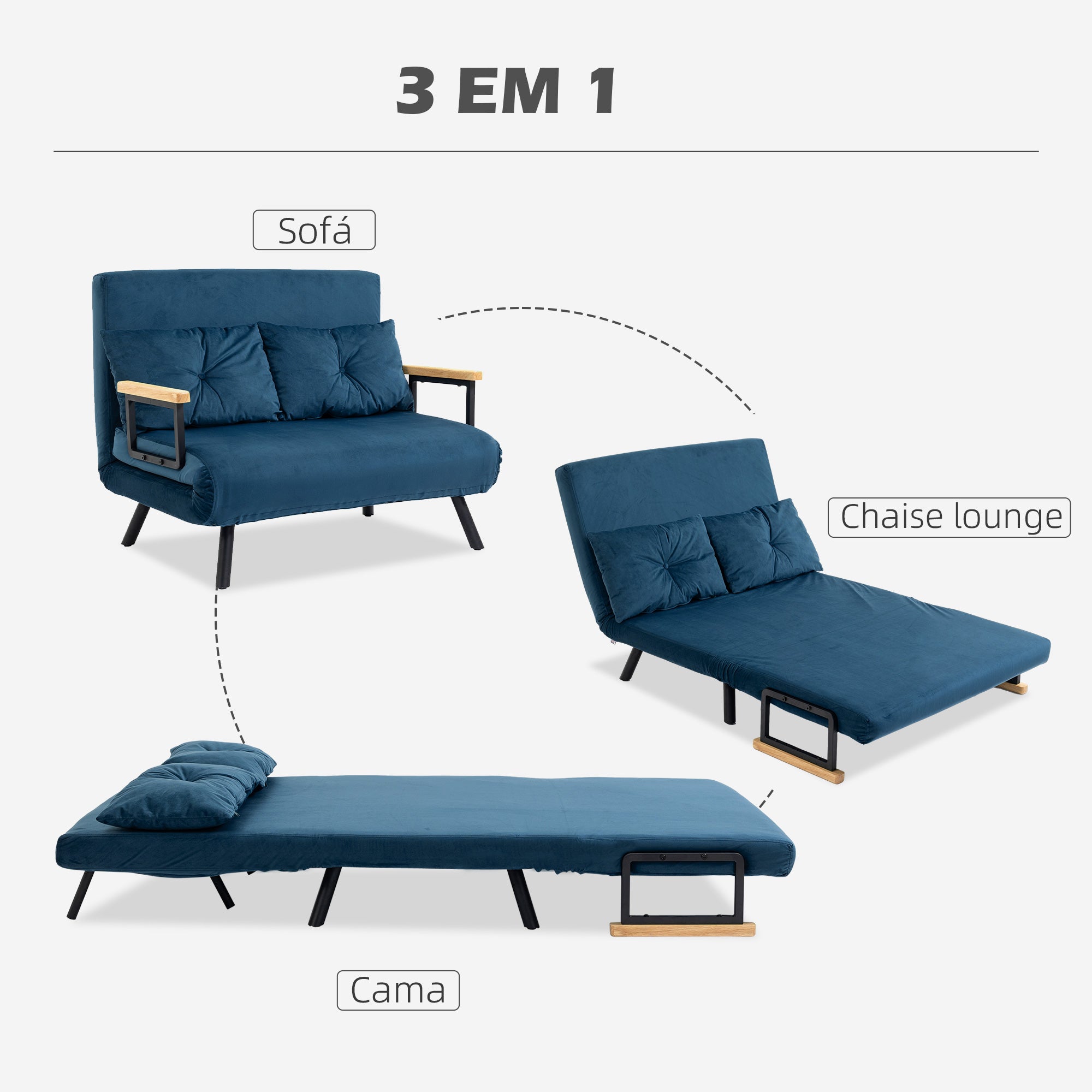Sofá Cama Conversível em Cama de 2 Lugares Azul Marrinho 102x73x81 cm