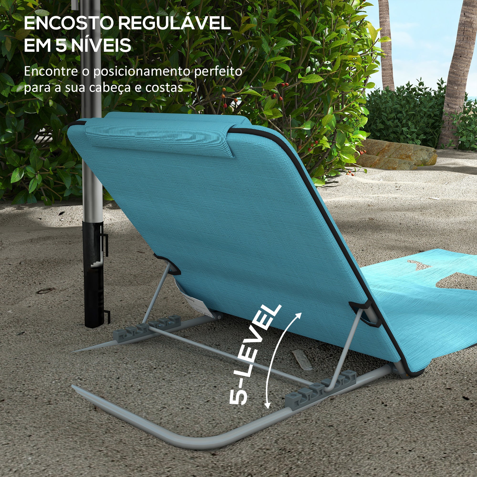 Esteiras de Praia com Encosto Reclinável em 5 Níveis 48x134x33-43 cm - Azul